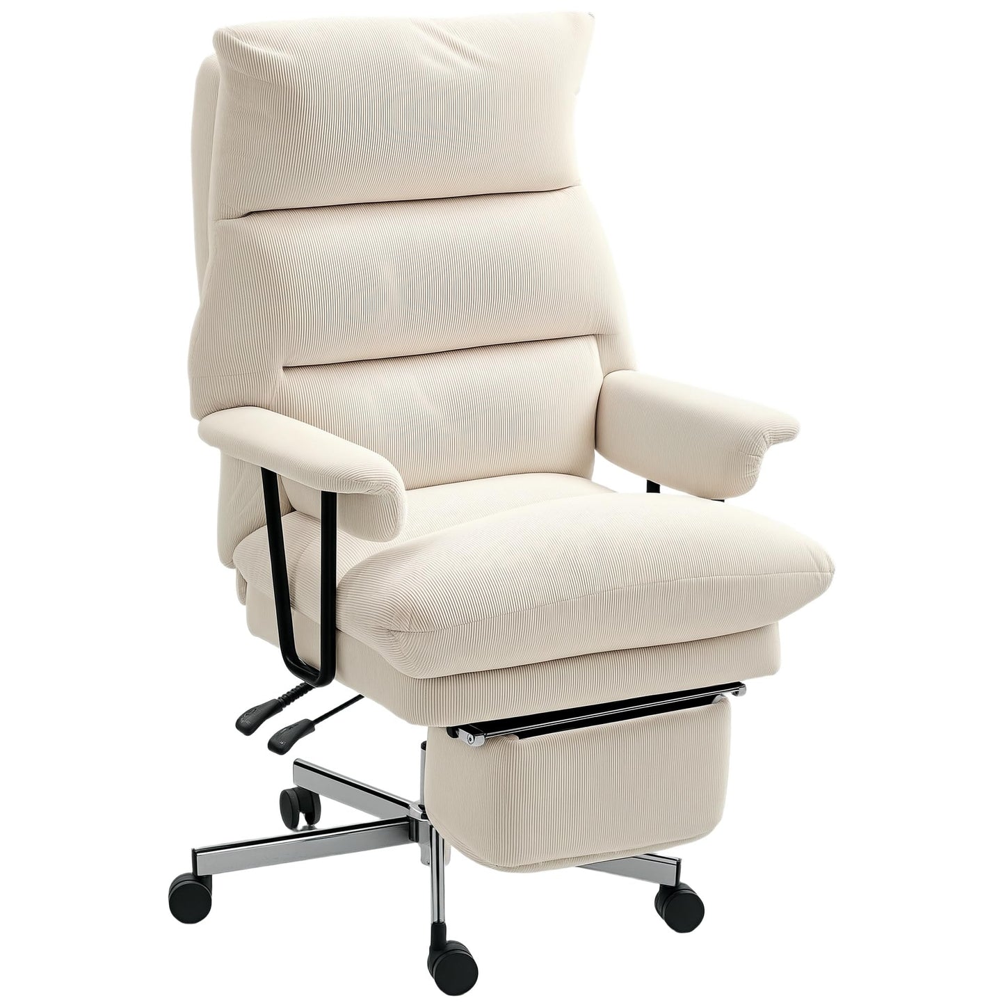HOMCOM Large Overstuffed Office Chair with Lumbar Support, High Back Reclining Executive Corduroy Computer Desk Chair with Footrest, Swivel Wheels, Cream White