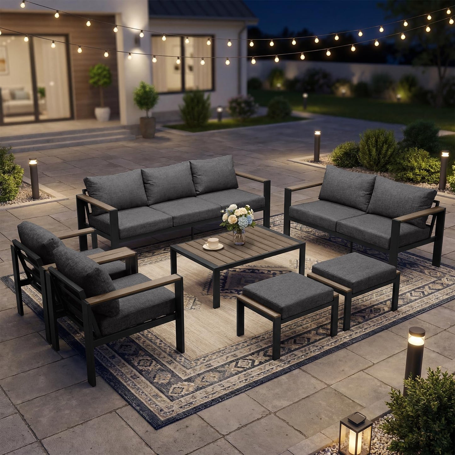 ADRERIC Patio Furniture Set 9 Seats and Coffee Table, 7 Pieces Patio Conversation Set with Thick Cushion, Ottomans, Deluxe Aluminum Modern Outside Sectional for Porch, Balcony, Deck, Yard, Dark Gray