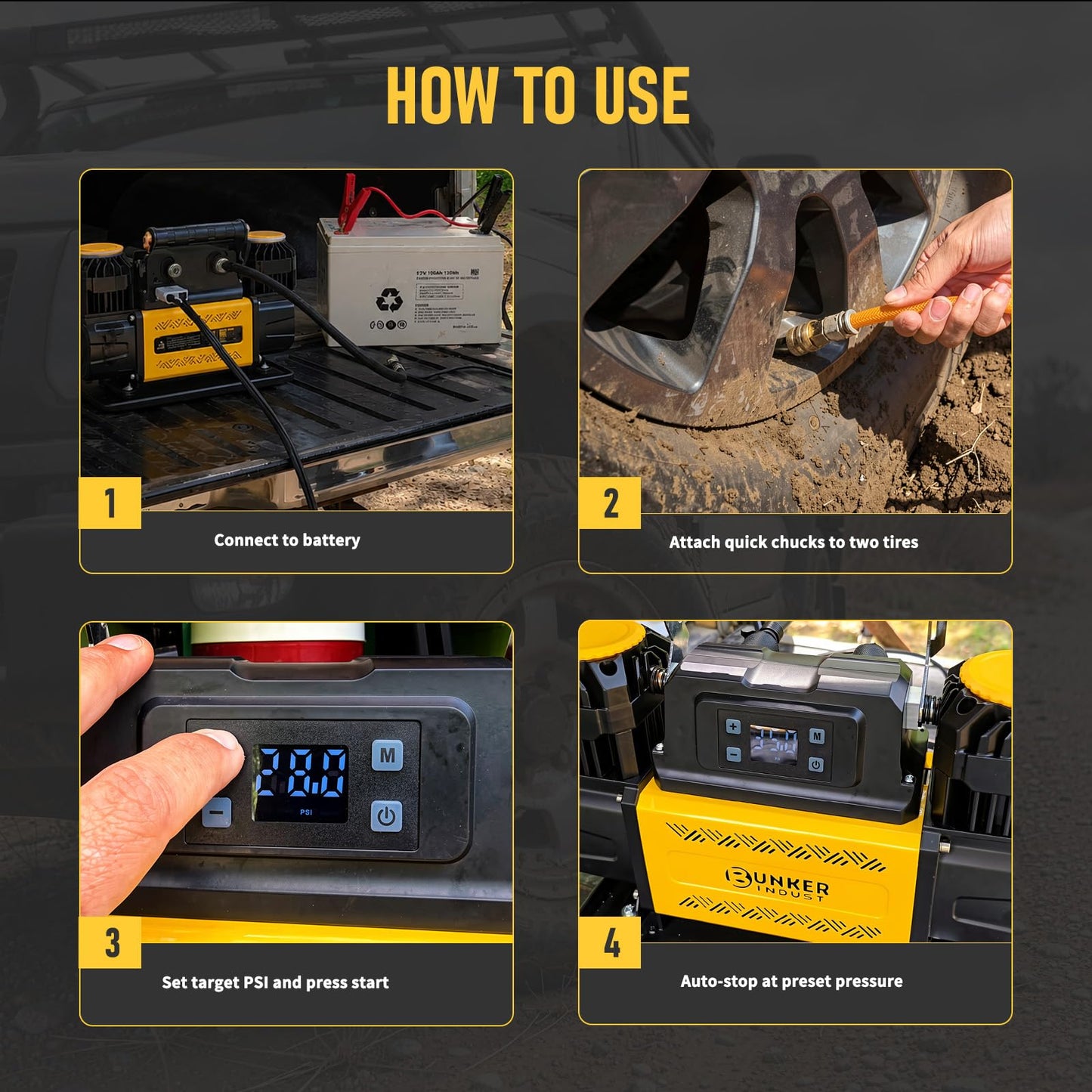 BUNKER INDUST 12V Air Compressor, Portable Inflator 12.3 CFM 150PSI Dual Tire Air Pump with LCD Control Panel Anderson-Style Plug for Off-Road 4x4 Vehicle, SUV, Truck