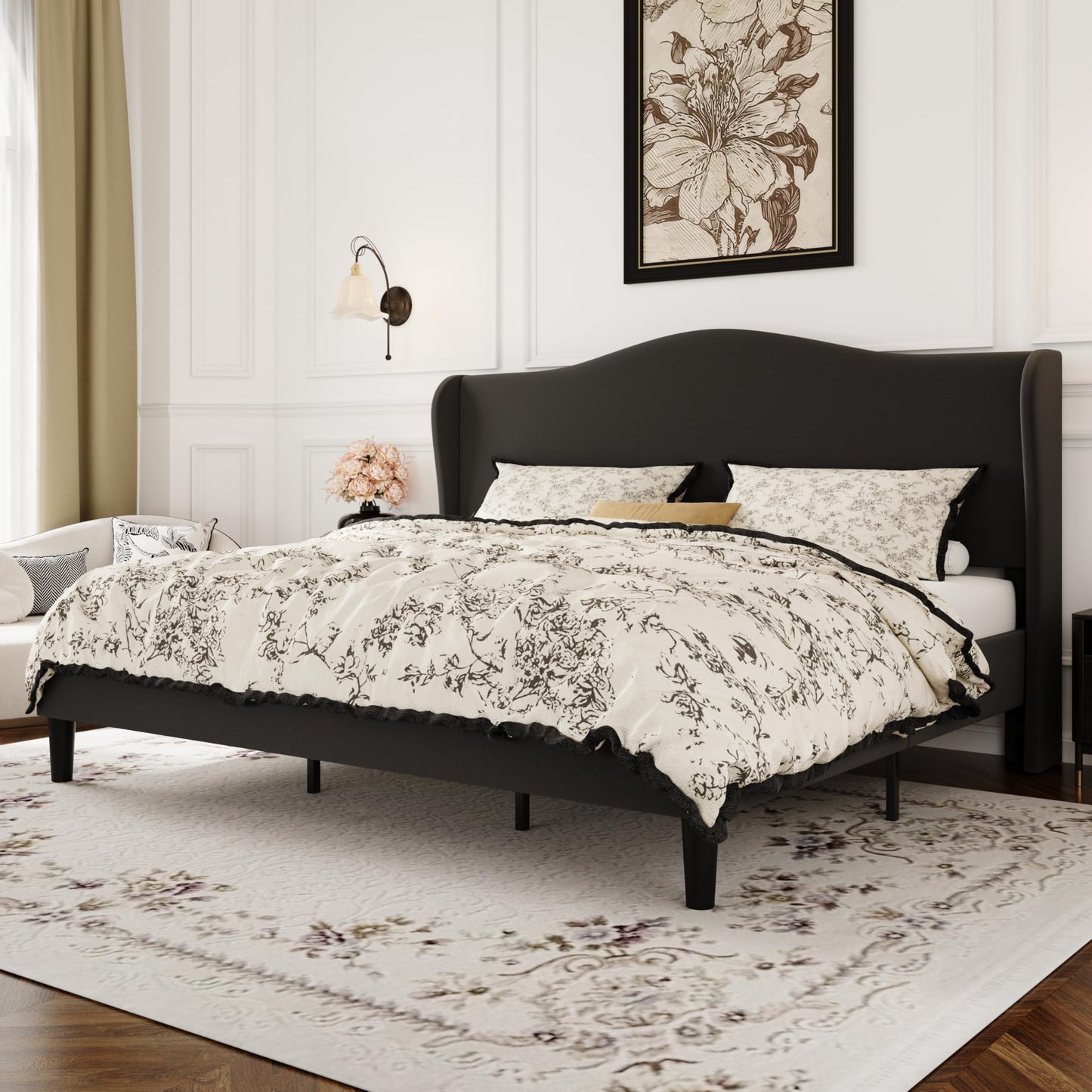 SHA CERLIN King Size Velvet Platform Bed Frame with Elegant Wingback Headboard, Modern & Luxurious Design, Sturdy Wooden Slats, No Box Spring Required, Easy Assembly, Noise-Free, Soft Black