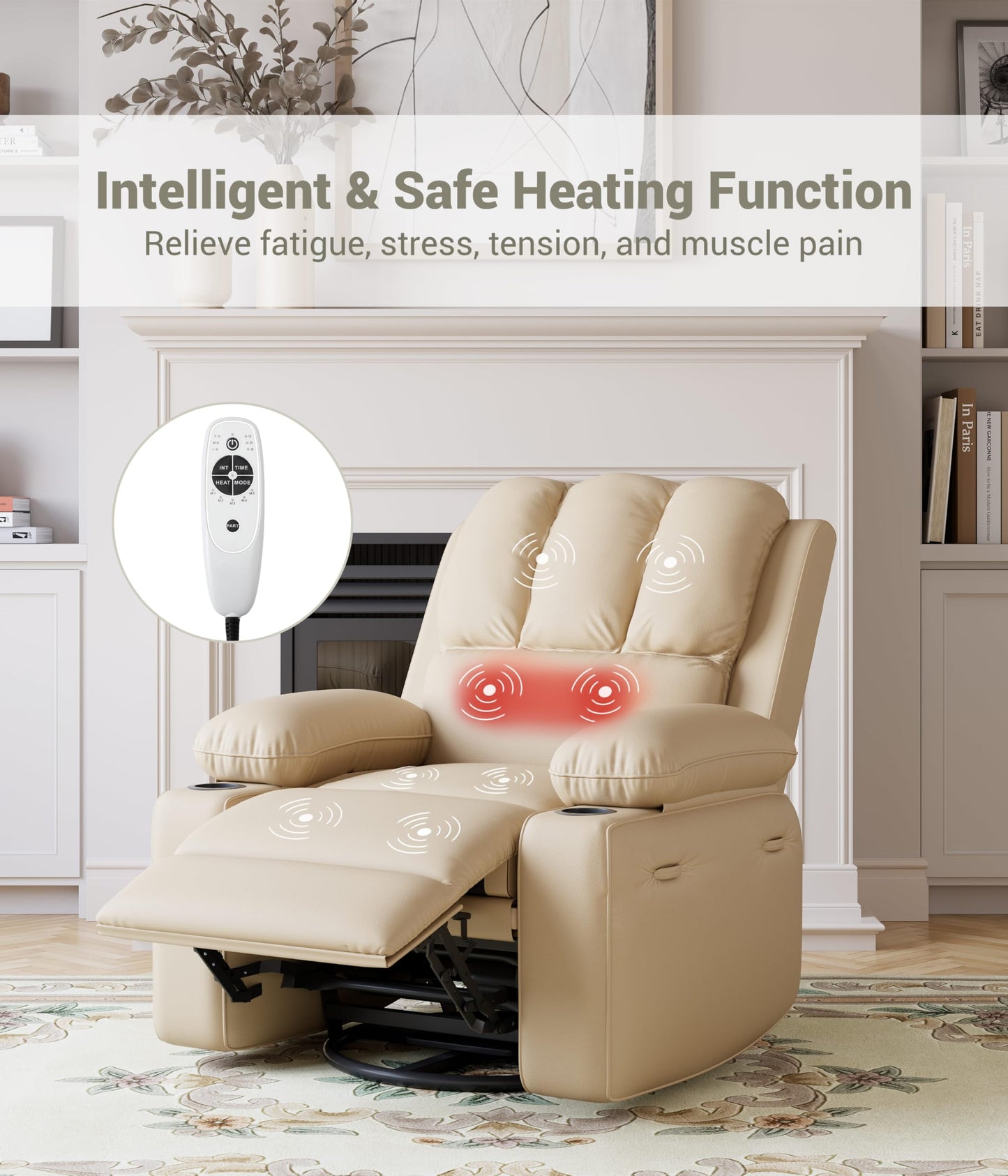 EliteEdge Oversized 27" Electric Recliner Chair with Massage & Heat, PU Leather Swivel Rocker Recliner with Remote Control and Cup Holders, Lounge Chair for Living Room, Bedroom, Nursery, Beige