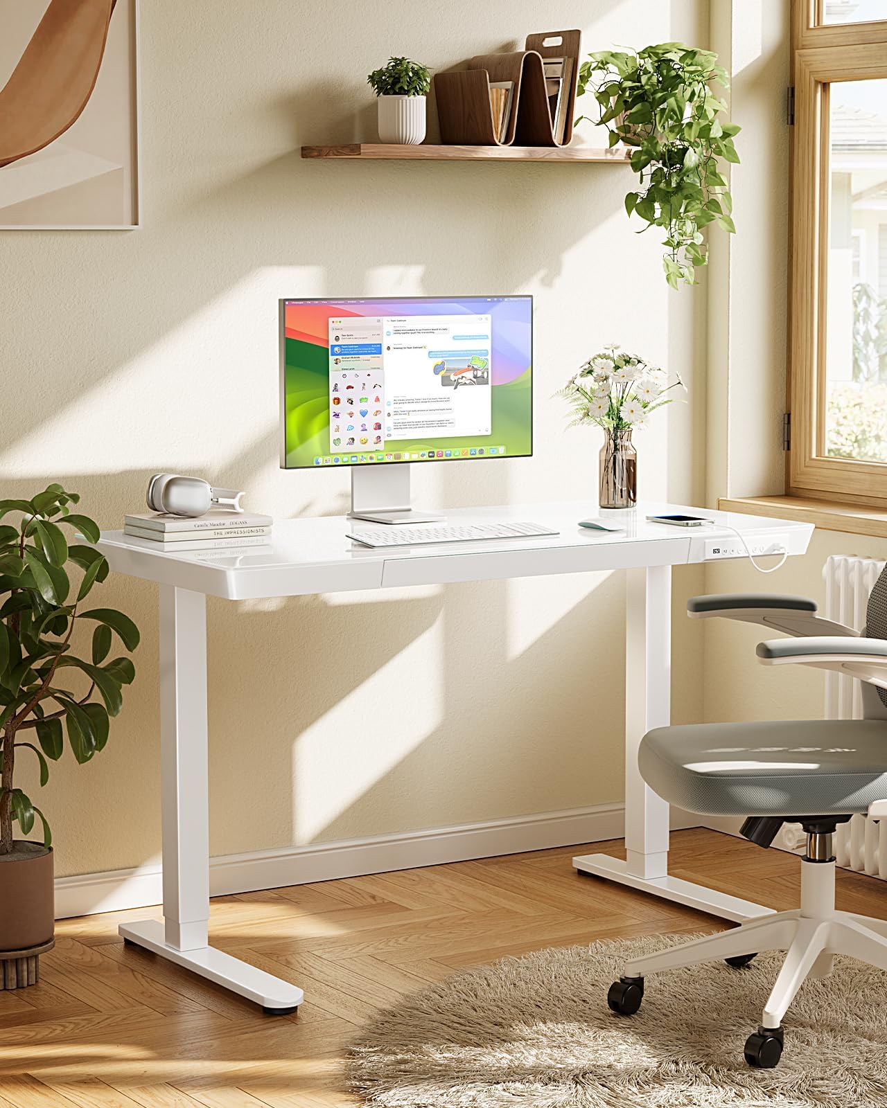 Marsail Glass Standing Desk with Drawer, 48 x 24 inch Electric Standing Desk, Height Adjustable Desk with One-Piece Tabletop & USB Charging Ports, Sit Stand Desk with Storage for Home & Office White