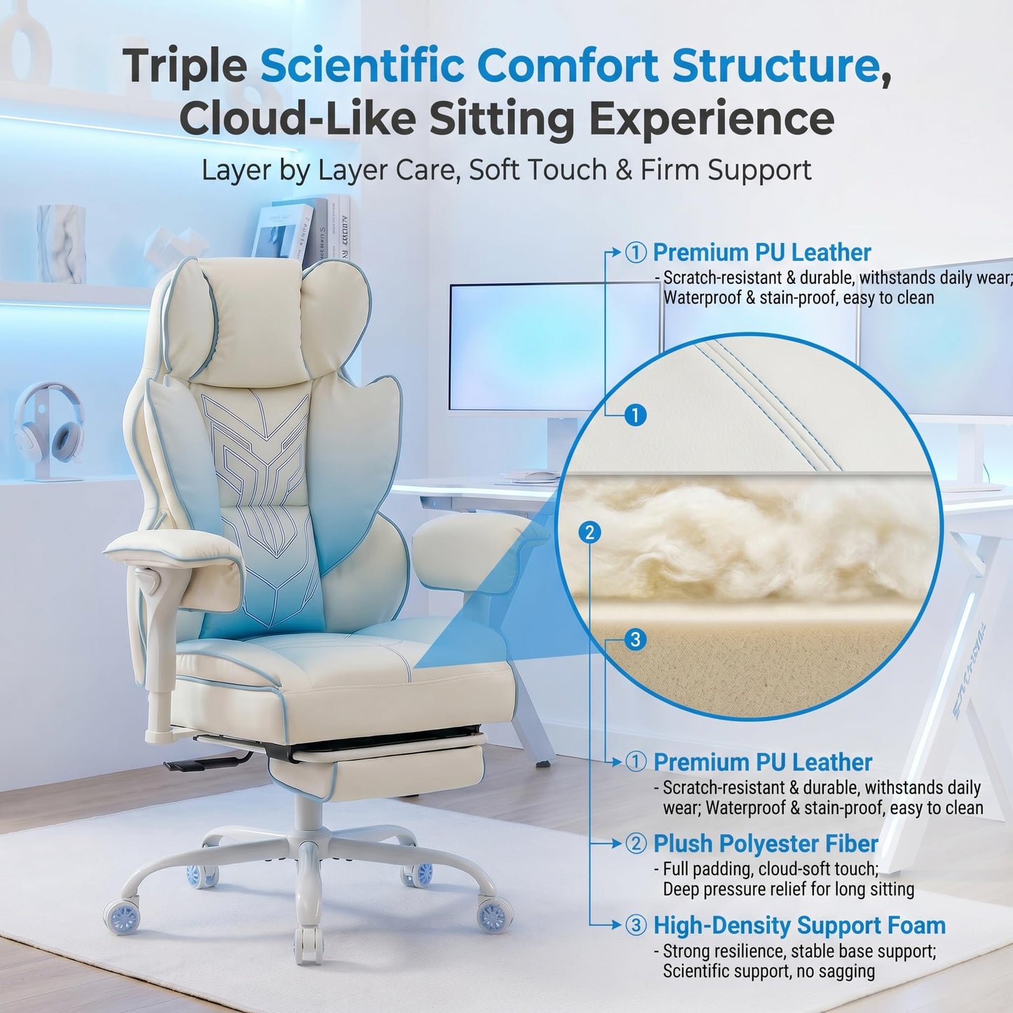 ATMILD Big and Tall Gaming Office Chair 400lbs - Heavy Duty Ergonomic Computer Desk Chair with Footrest, Adjustable Armrests, High Back PU Leather with Racing Style (White/Blue)