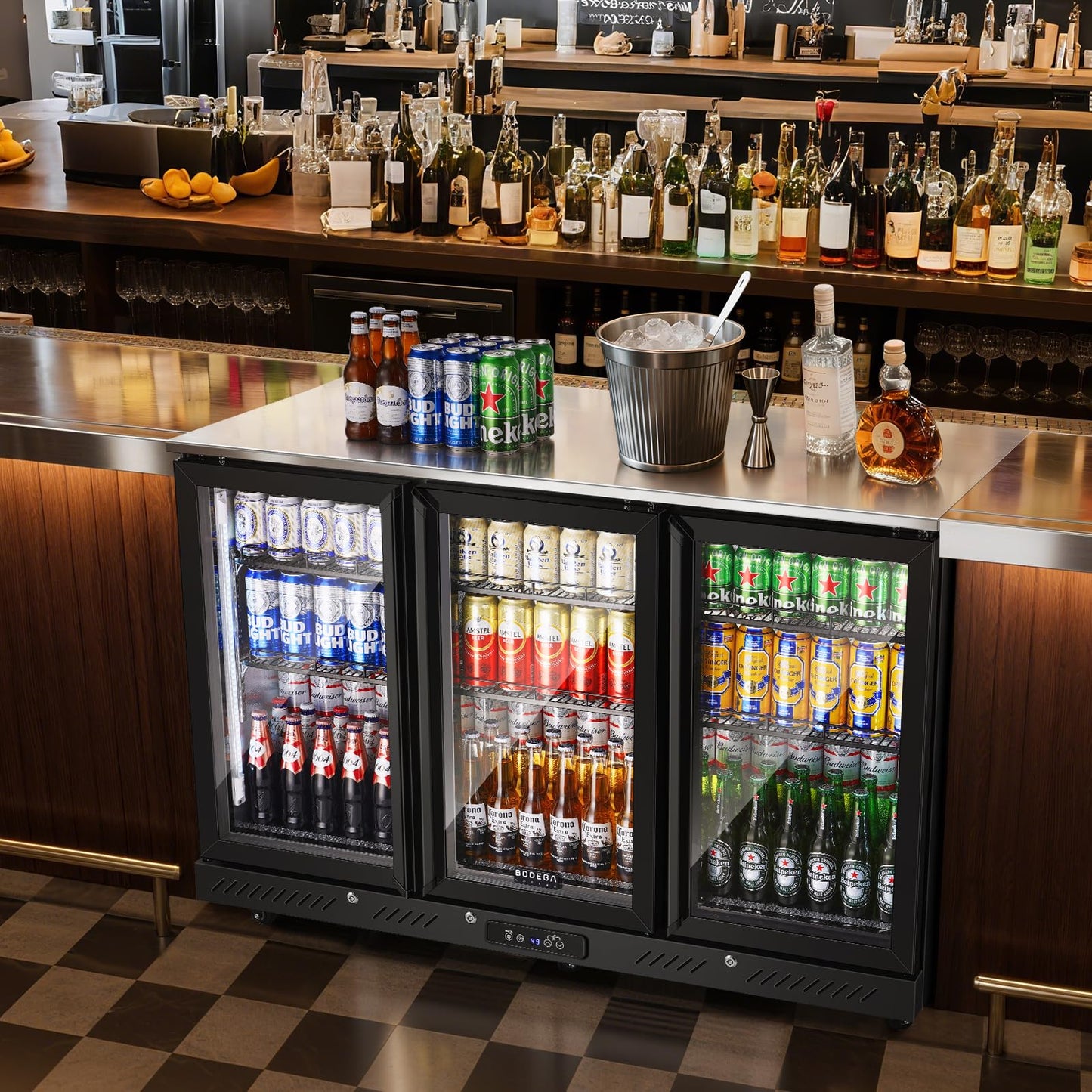 BODEGACOOLER Commercial Bar Cooler With 3 Glass Doors,12 Cu.Ft Counter Height Back Beverage Refrigerator,Display Bar Fridge with LED Lighting,Beverage Cooler for Beer Stainless Steel Top,With Casters