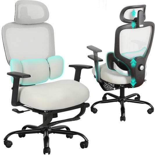 Ergonomic Office Chair with Footrest, Mesh Desk Chair with Adjustable Headrest & Armrests & Dynamic Floating Wing Lumbar Support, High Back Computer Chair for Home Office, BIFMA Certified, Grey