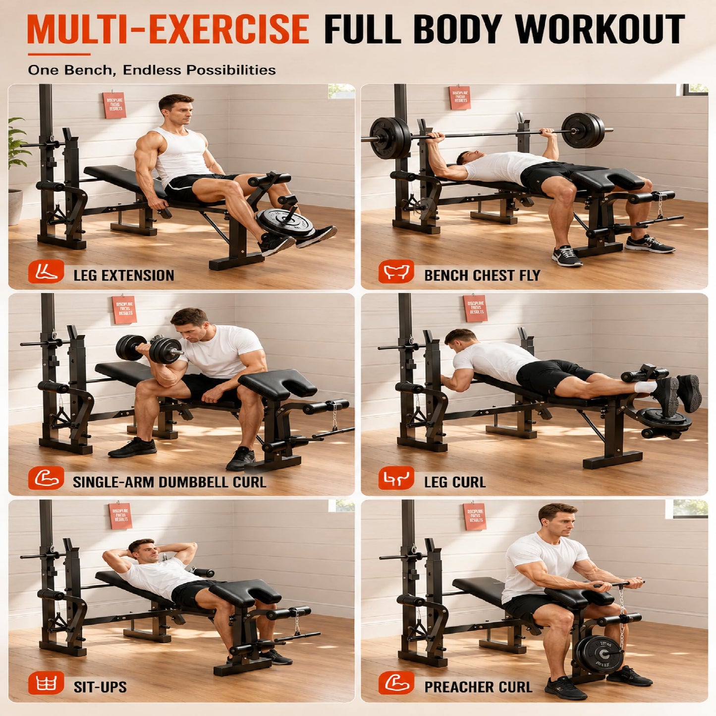 Weight Bench Set with Leg Extension & Preacher Curl Pad, 9-In-1 Adjustable Workout Bench Press with LAT Pulldown, Butterfly Arms & Squat Rack, Multi-Function Strength Training Equipment for Home Gym