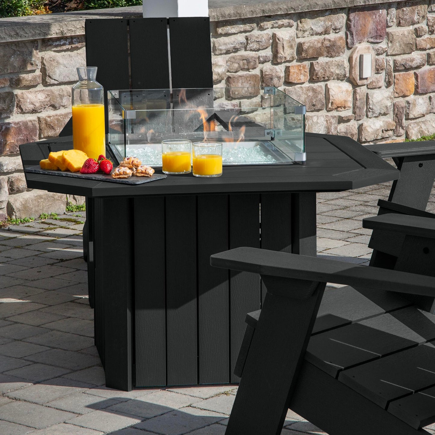 Oasis 5-Piece Conversation Set with Fire Pit Table, 4 Italica Modern Adirondack Chairs and 40” Fire Pit Table with Glass Wind Guard and Rain Cover, Black