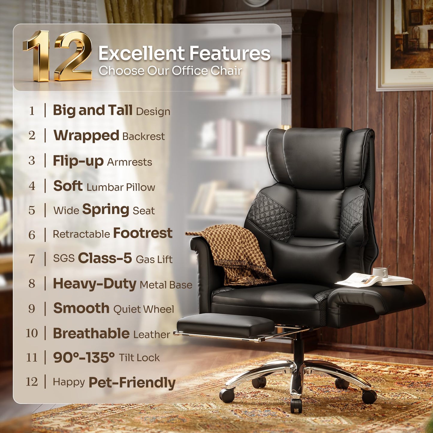 Ergonomic Office Chair with Footrest, Criss Cross Legged Desk Chair with Flip-Up Arm, Wider Thicker Spring Seat, Lumbar Support, Pet-Friendly, Big and Tall High Back Heavy Duty Executive Leather Chair
