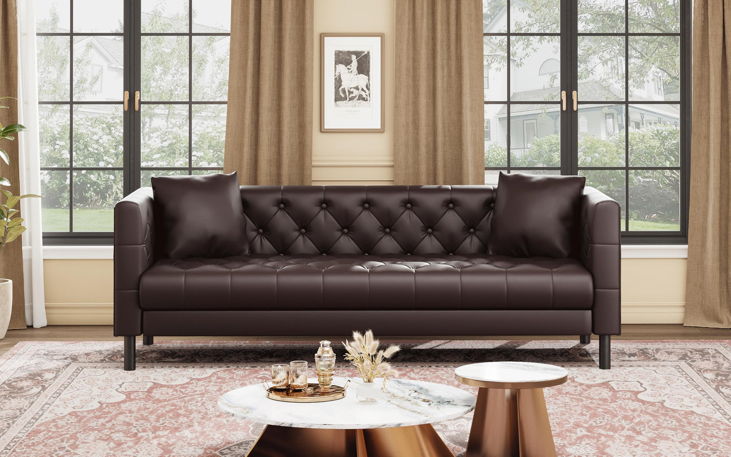 IDEALHOUSE Mid Century Modern Sofa 81 Inch – 3 Seater Faux Leather Couch with Tufted Back, Deep Seats and 2 Pillows, Apartment Sofa for Living Room, Dark Brown