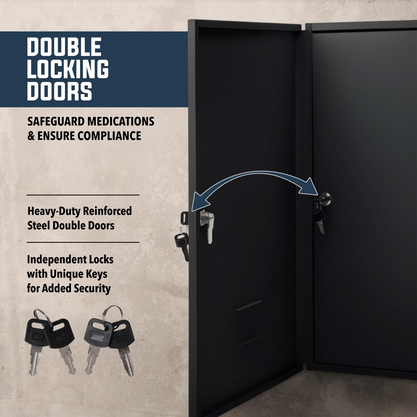 Durabox 2-Door Narcotics Cabinet - Double Door & Dual Key Lock Steel Cabinet for Safe Storage of Medicine, Prescription Drugs, Medical Supplies and More, 16"W x 24"H x 7-3/4"D (Black, Large)