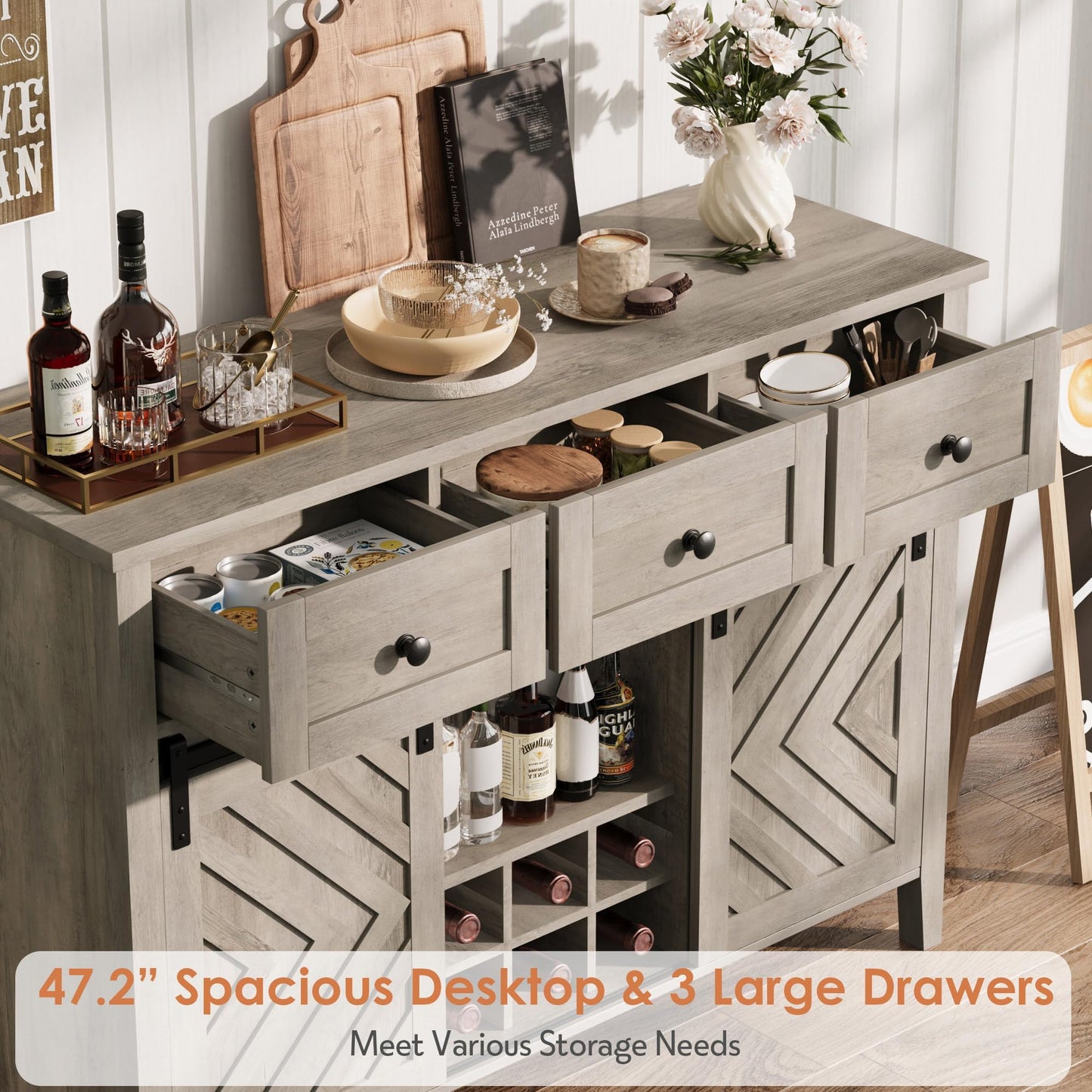 MERXENG 47 in Farmhouse Sideboard Buffet Cabinet with Wine Rack & Drawers, Wood Wine Bar Cabinet with Sliding Barn Doors, Rustic Coffee Station for Dining Room Kitchen Living Room, Grey