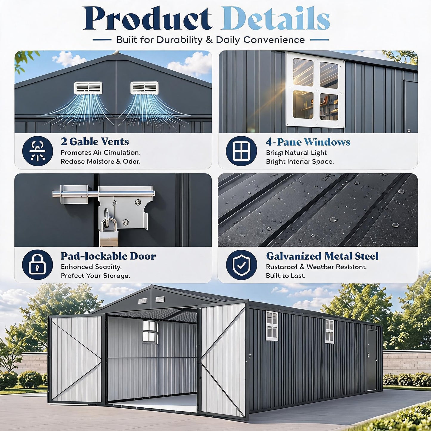 12x20 FT Metal Garage Shed, Outdoor Extra Large Storage Shed with Double Hinged Doors, 4 Windows, Heavy Duty Carport for Cars, Boats, Trucks and Equipment Storage, Black-Blue