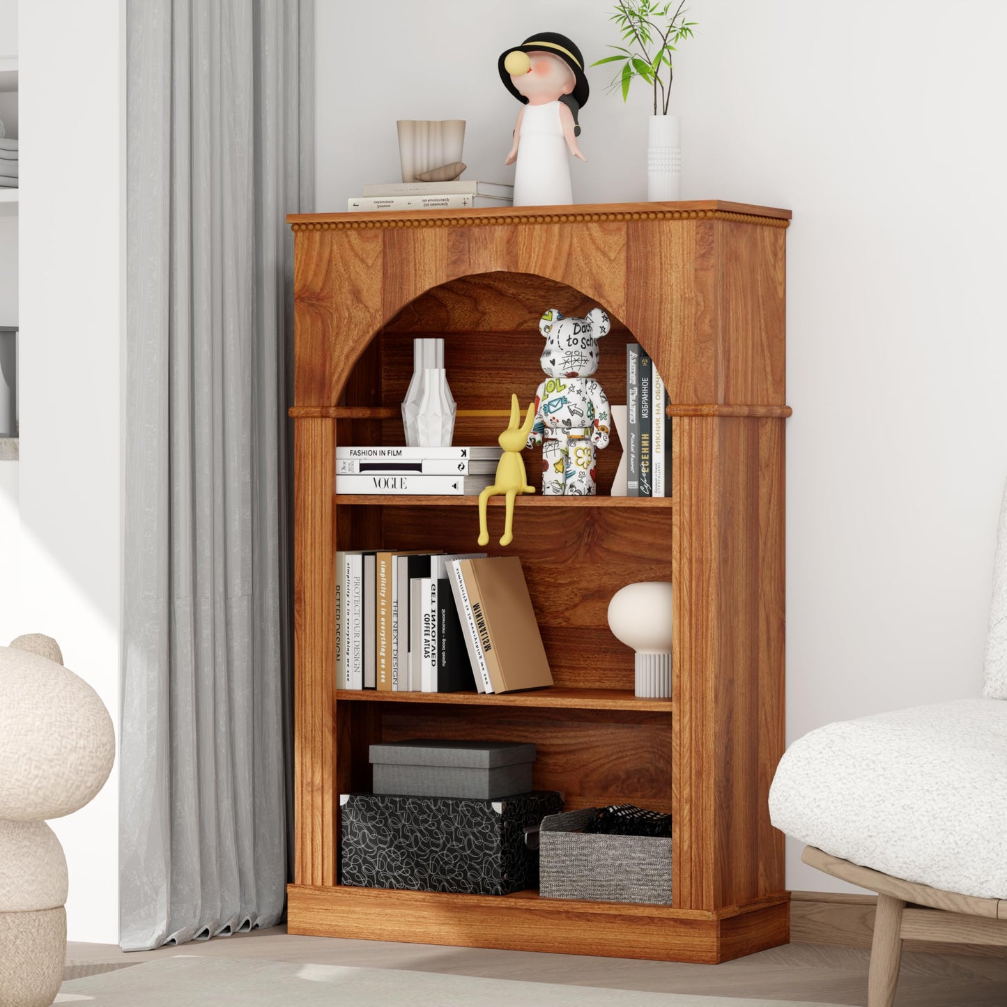 KEIKI 48" H Arched Display Storage Cabinet with Open Shelf, Wood Traditional Curio China Collectibles Book Case Shelves Bookcase for Living Room, Home Office