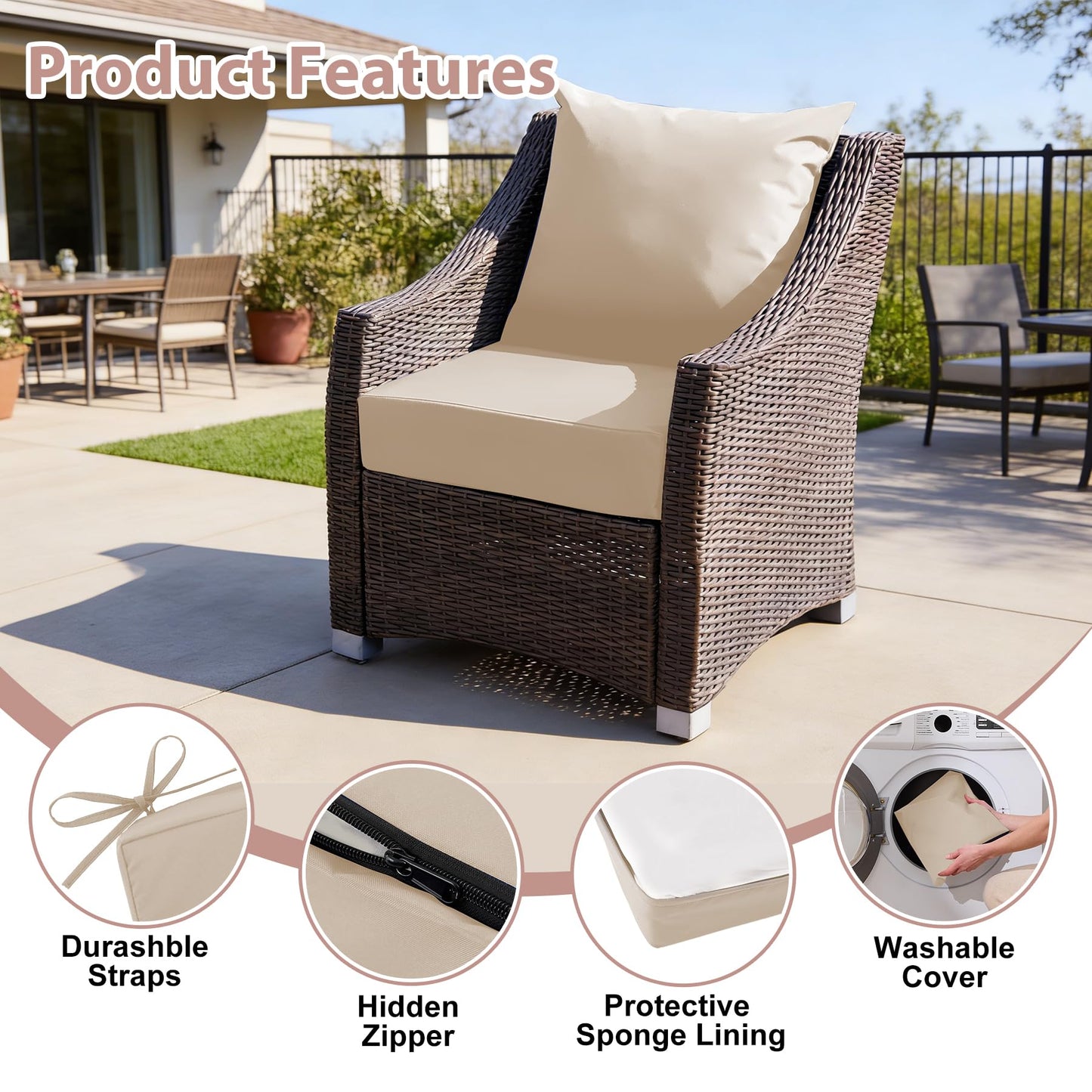 MuaMelop Outdoor Deep Seat Cushion Set, 24x24 Inch Water-Resistant & Fade-Resistant Outdoor Chair Cushions, Patio Furniture Cushions with Removable Cover for Patio Chair, Sofa, Beige (Set of 4)