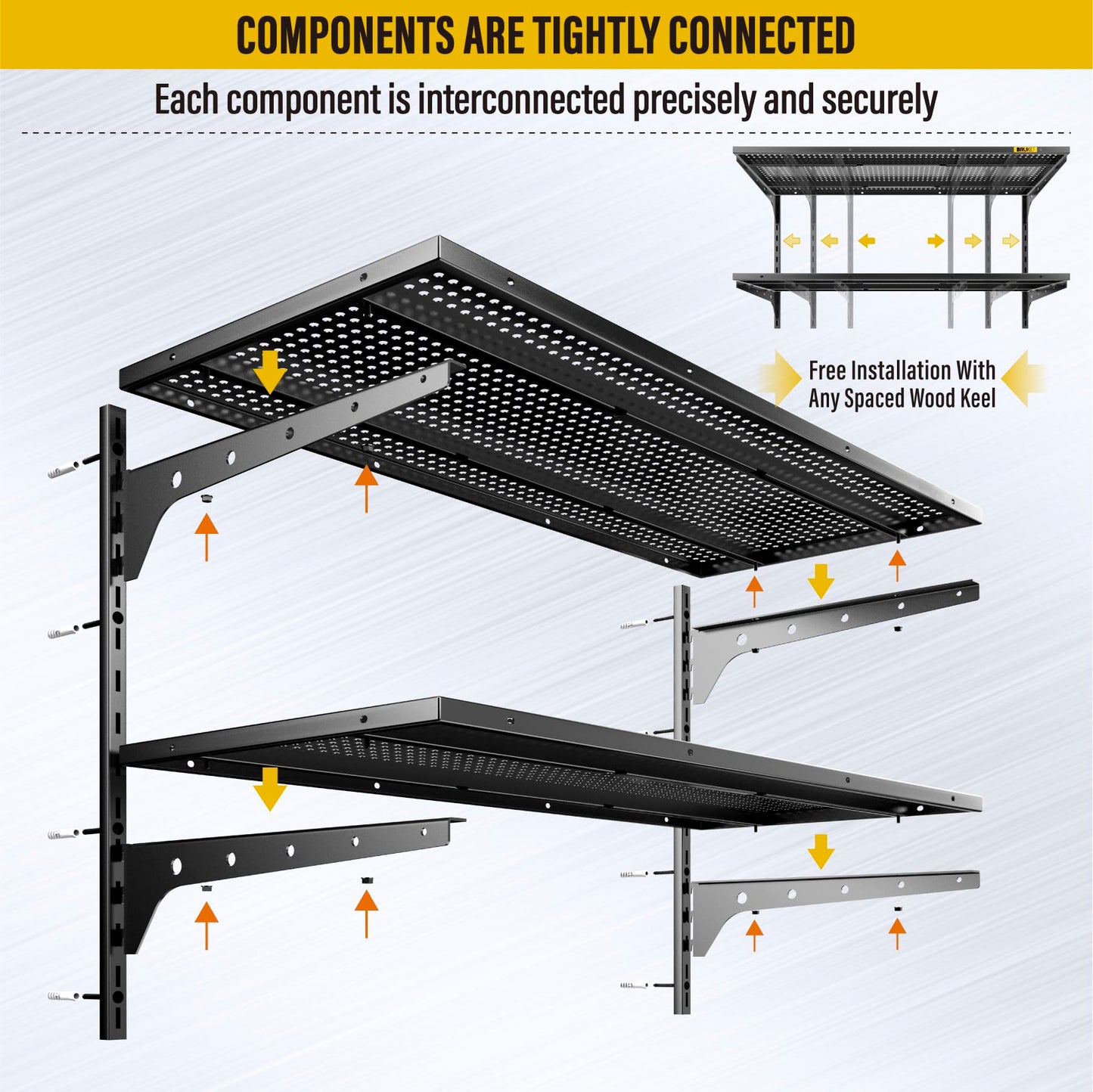 Brukid 2-Pack×2 Tier 1.3x3ft Garage Shelving Wall Mounted, 15.6x36inch per Shelf Height Cassette Adjustable Floating Shelves（Total 4pcs）(Black)