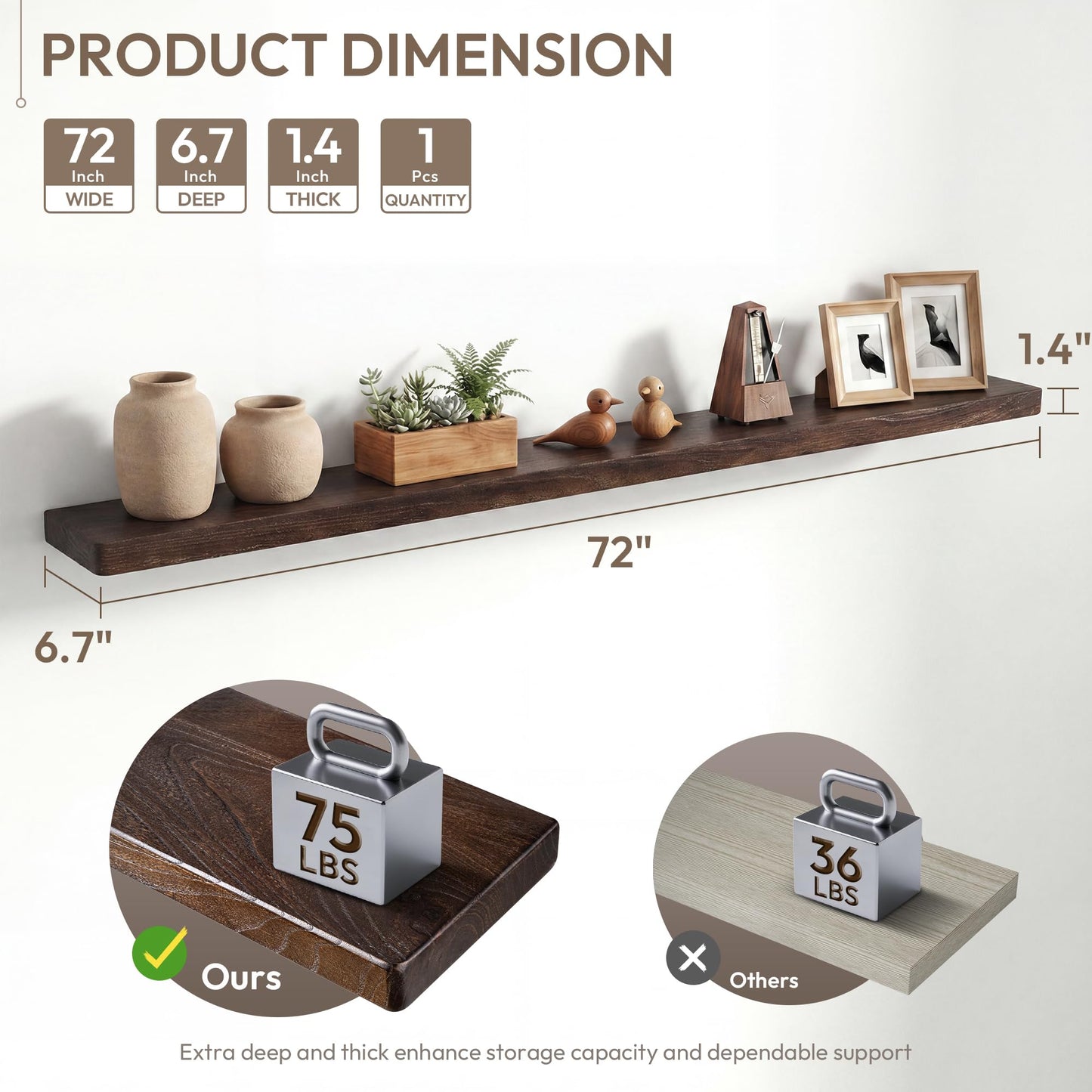 Marsmiles 72 inch Floating Shelves for Wall Solid Elm Wood Wall Mounted Shelves|Rustic Long Floating Shelves with Invisible Bracket for Bathroom Kitchen|Rounded Edge|Walnut, 1 Pack