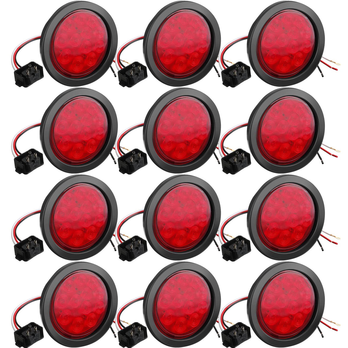 BBTO 12 Pcs 4 Inch Round LED Trailer Tail Lights, Waterproof Brake Stop Turn Marker Lights, Plastic, Red