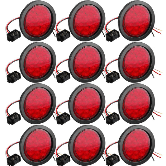 BBTO 12 Pcs 4 Inch Round LED Trailer Tail Lights, Waterproof Brake Stop Turn Marker Lights, Plastic, Red
