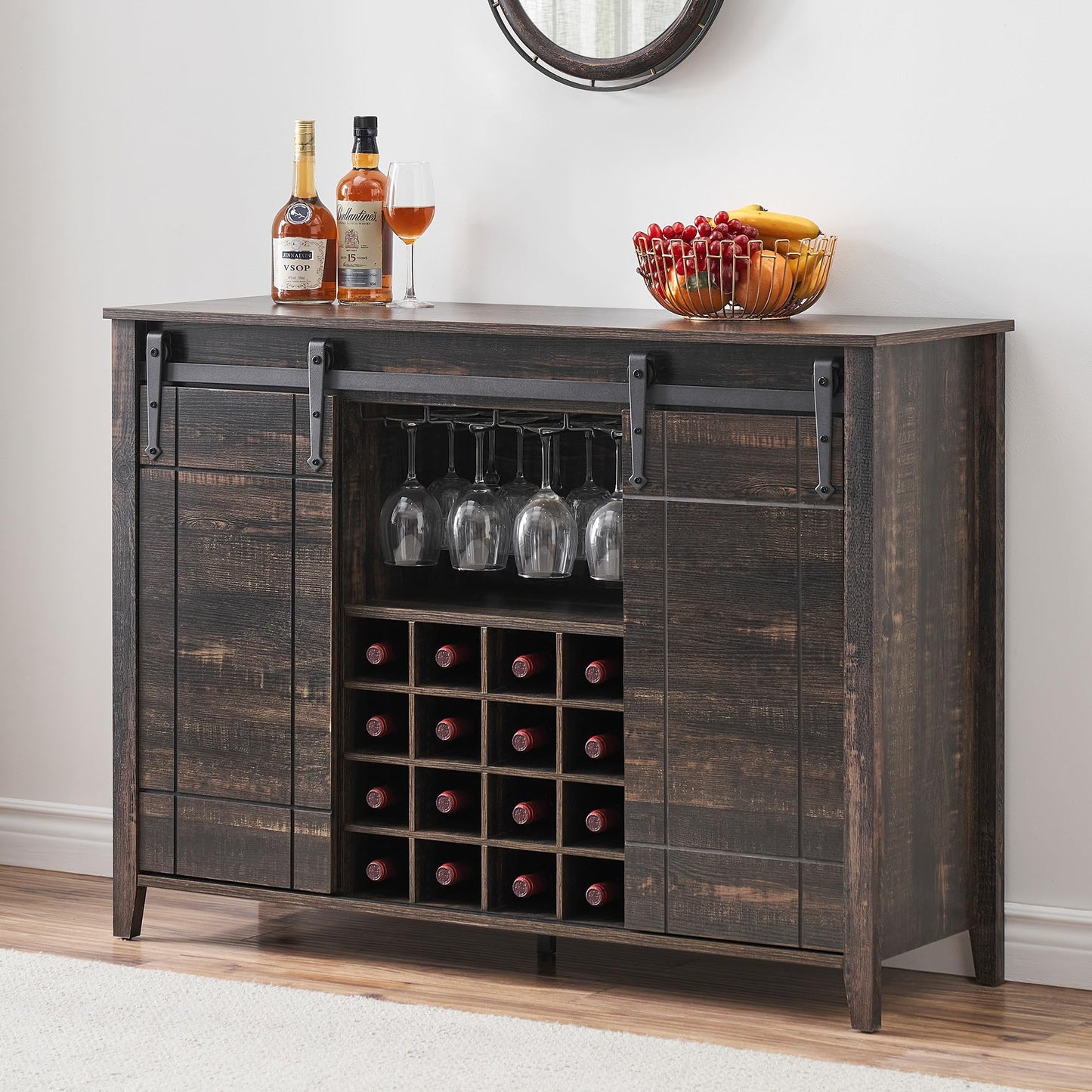 GarveeTech Farmhouse Bar Cabinet with Sliding Barn Doors, Rustic Liquor & Coffee Station with Wine Glass Racks & Adjustable Shelves, Buffet Sideboard for Dining Room, Kitchen, Entryway (Fire Finish)