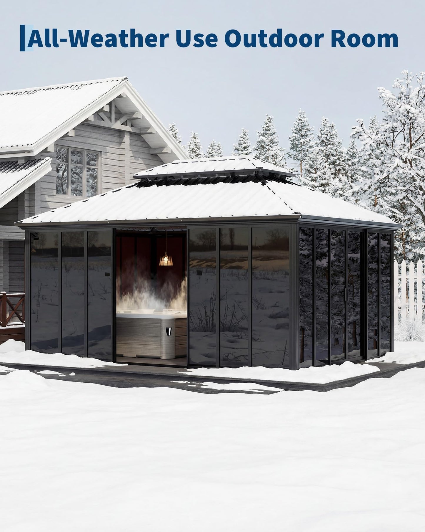 12x16ft Heavy Duty Outdoor Pavilion with Metal Frame, Permanent Solarium Sunroom Kit with PC Windows, Fully Sealed Screen Houses for Backyard, for Patio Winter Garden
