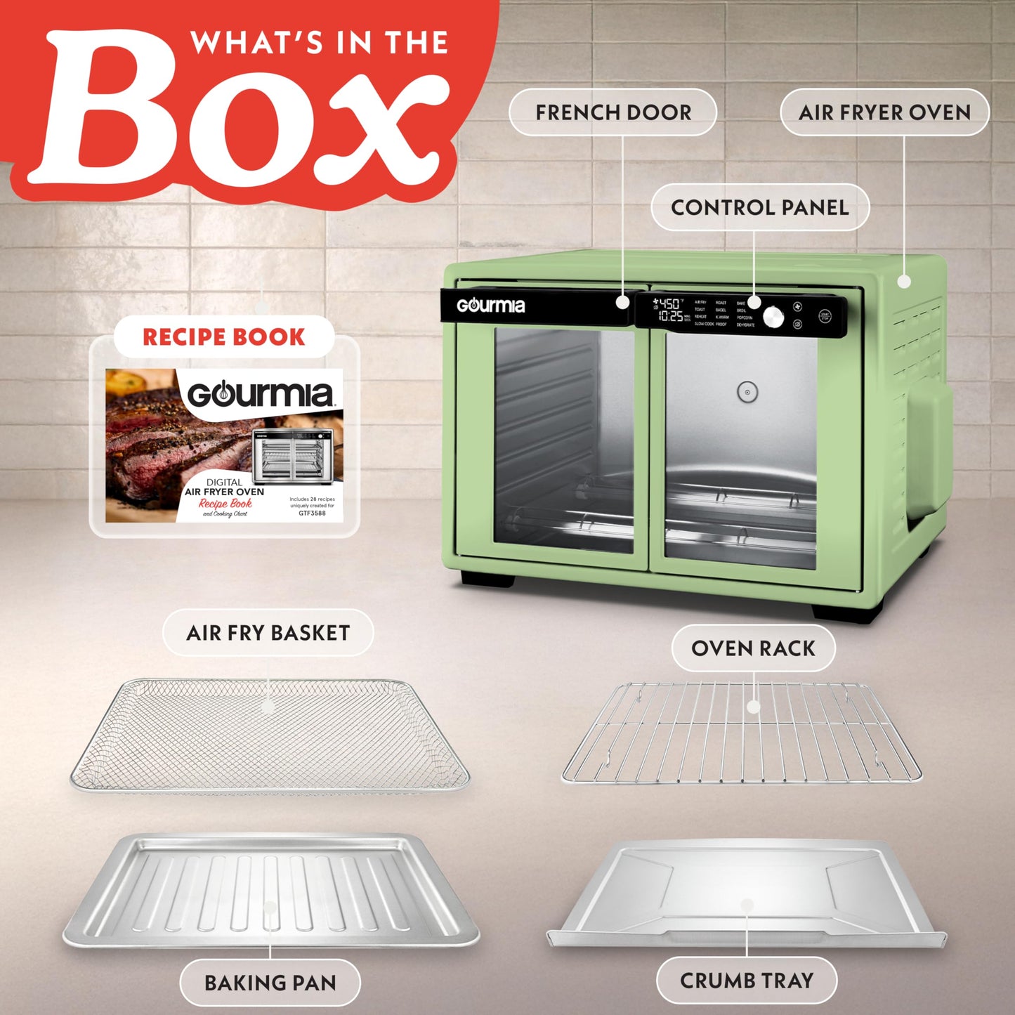 Gourmia French Door Air Fryer Oven - 37 Qt Large Capacity Convection Toaster Oven, FryForce 360°, Digital Display, 12 Cooking Presets, Dehydrate, Fits 13” Pizza, Dishwasher-Safe, Green