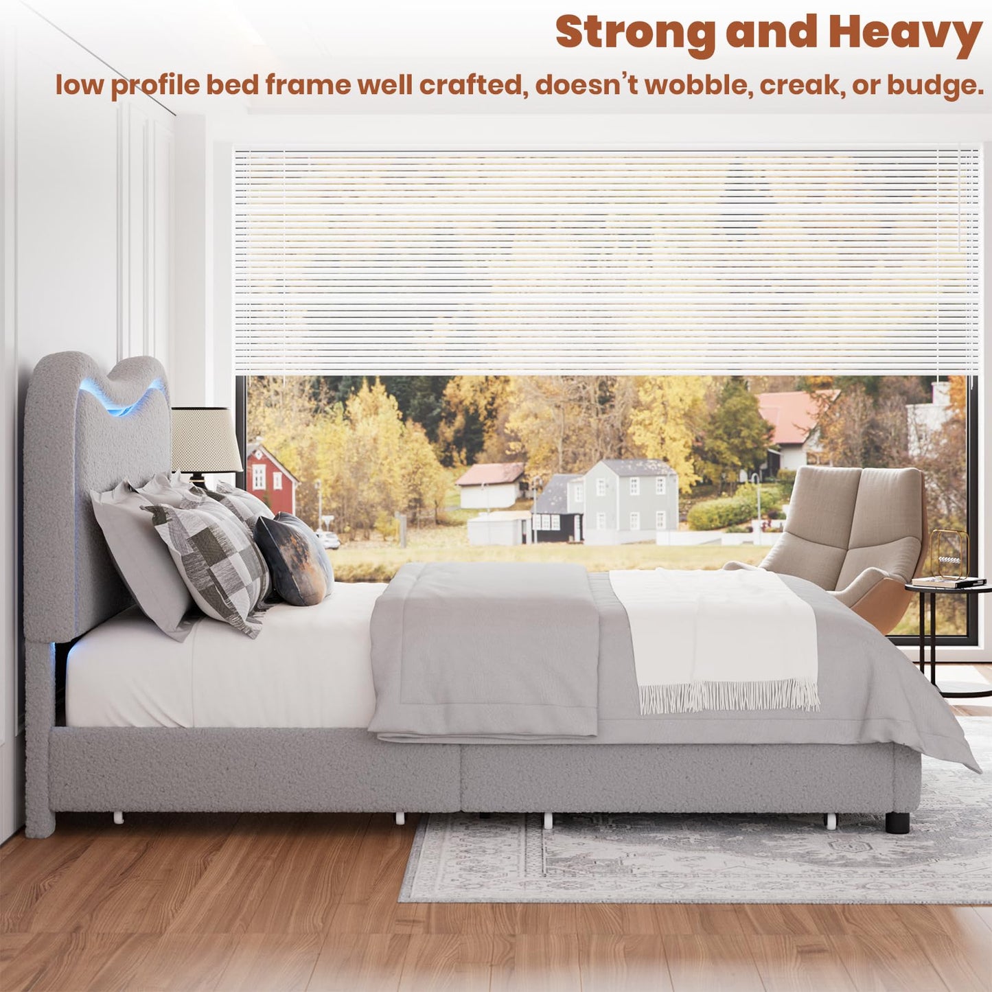 Garvee Boucle Queen Bed Frame with 2 Storage Drawers, Upholstered Platform Bed with LED Headboard, Solid Wood Slats Support, No Box Spring Needed for Kids, Teens, Grey