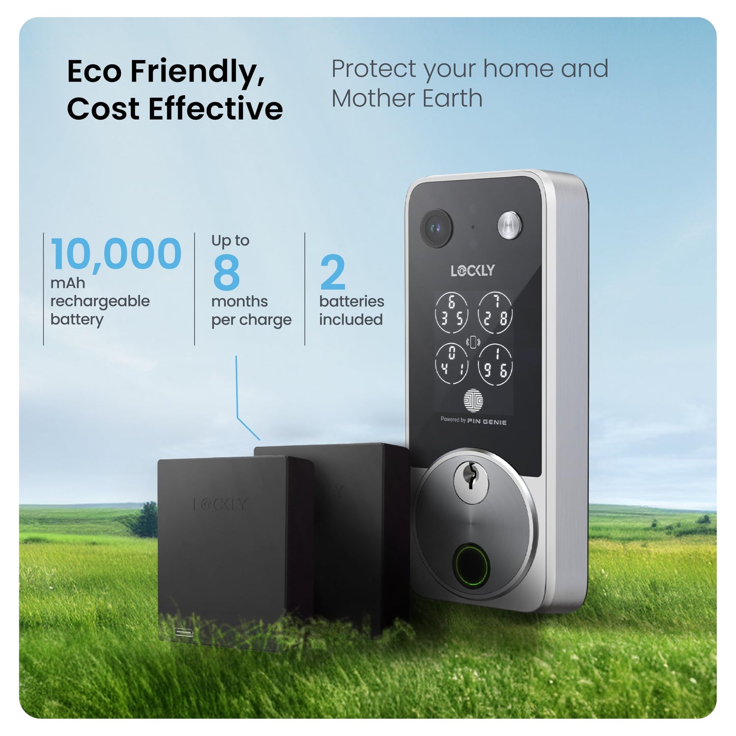 Lockly Vision Zeno Smart Lock with Video Doorbell Camera, Fingerprint Keyless Entry with Apple Home Key, Wi-Fi Deadbolt for Front Door, PIN Genie Keypad, App Remote Control, 2 Rechargeable Batteries