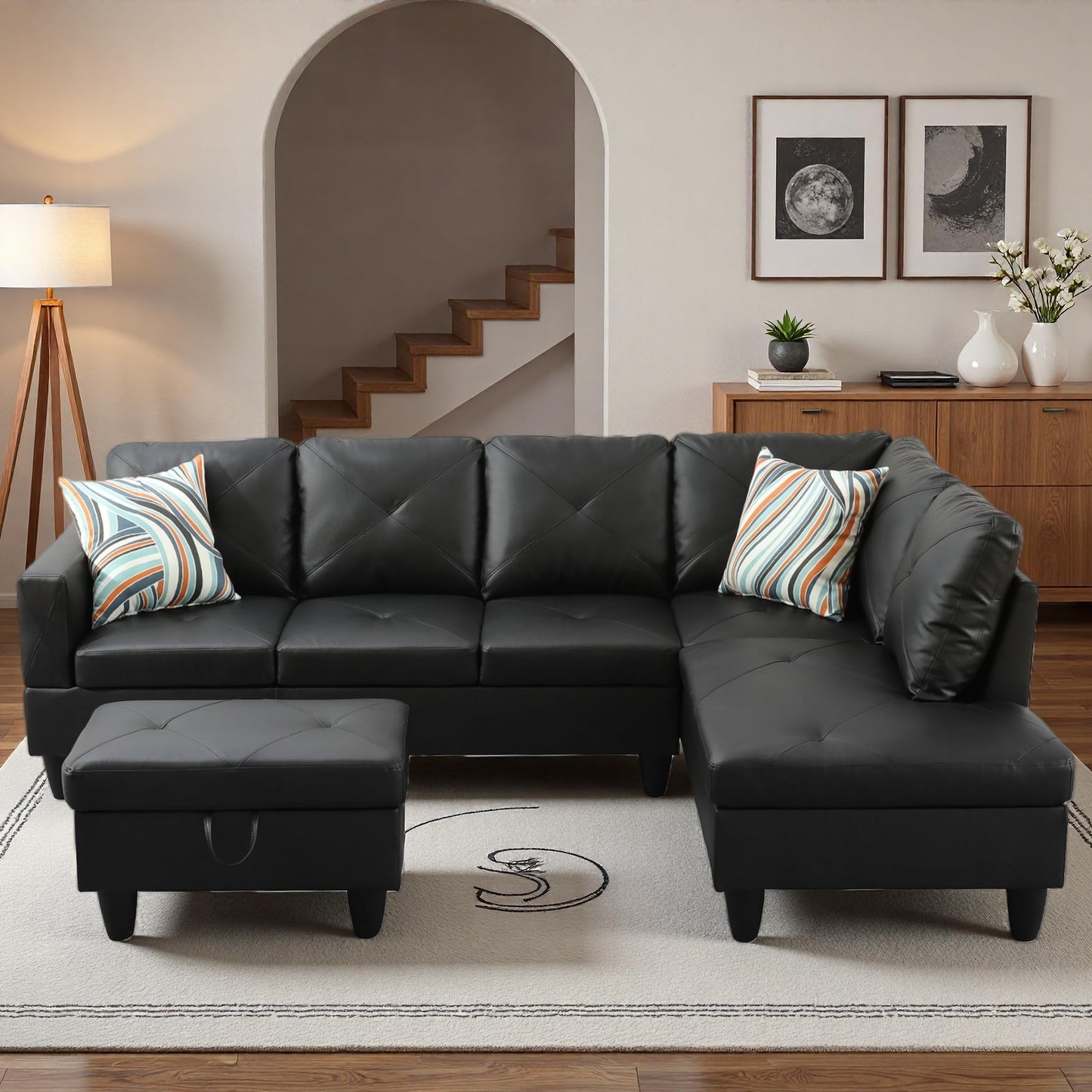 Topcomfy 97.5" L Shaped Couch Set, Modular Sectional Couches for Living Room with Storage Ottoman, 4 Seat Home Sofa Living Room Furniture Sets with Chaise for Apartment Office (Faux Leather, Black)