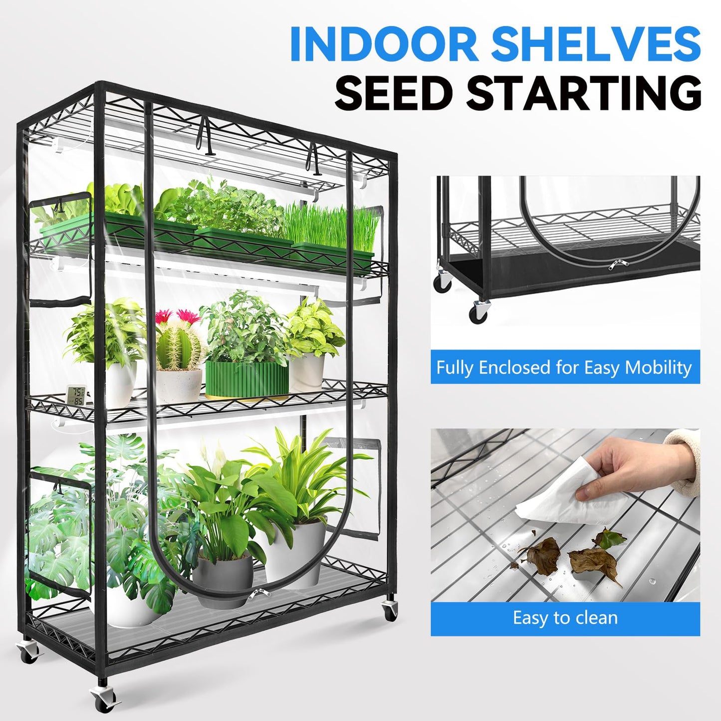 JESLED Indoor Greenhouse with Grow Light, 3FT Full Spectrum 5000K LED Light for Seed Starting, Tiered Lighting Control, Built-in Timer & Thermo-Hygrometer, Rolling Metal Plant Stand (35.4x13.8x59IN)