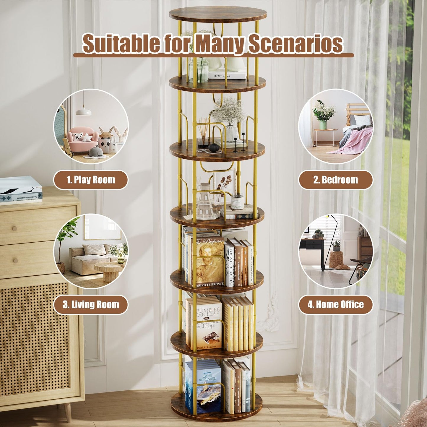 ALLSTAND 6 Tier Rotating Bookshelf, 360 ° Display Stackable Spinning Bookshelf Tower, Corner Bookshelf Tall Floor Standing Swivel Bookcase Narrow Storage Organizer for Bedroom, Living Room, Gold