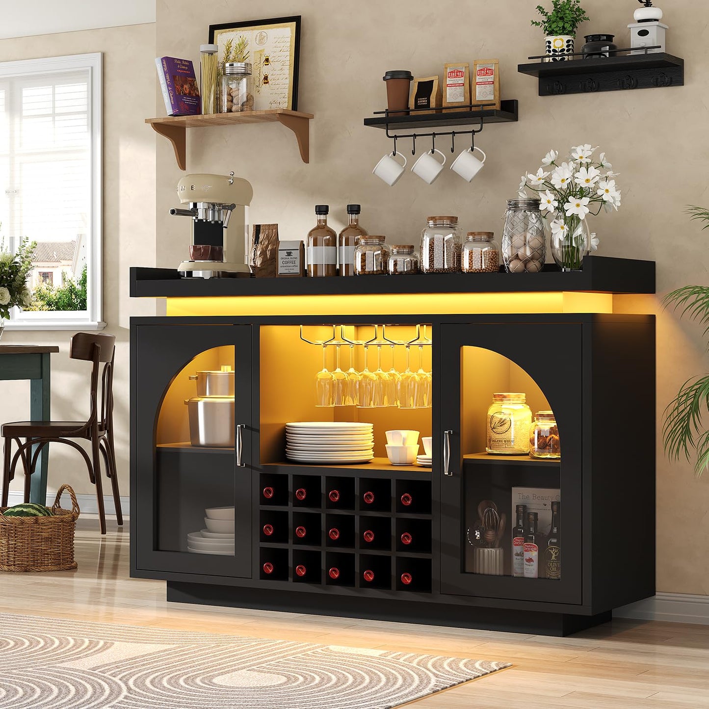 Wine Bar Cabinet with Power Outlet & LED Light, 54'' Liquor Cabinet with 15 Wine Rack & Glass Holder, Coffee Bar Cabinet for Home with Storage, 2 Arched Door, Buffet Sideboard for Living Room, Kitchen