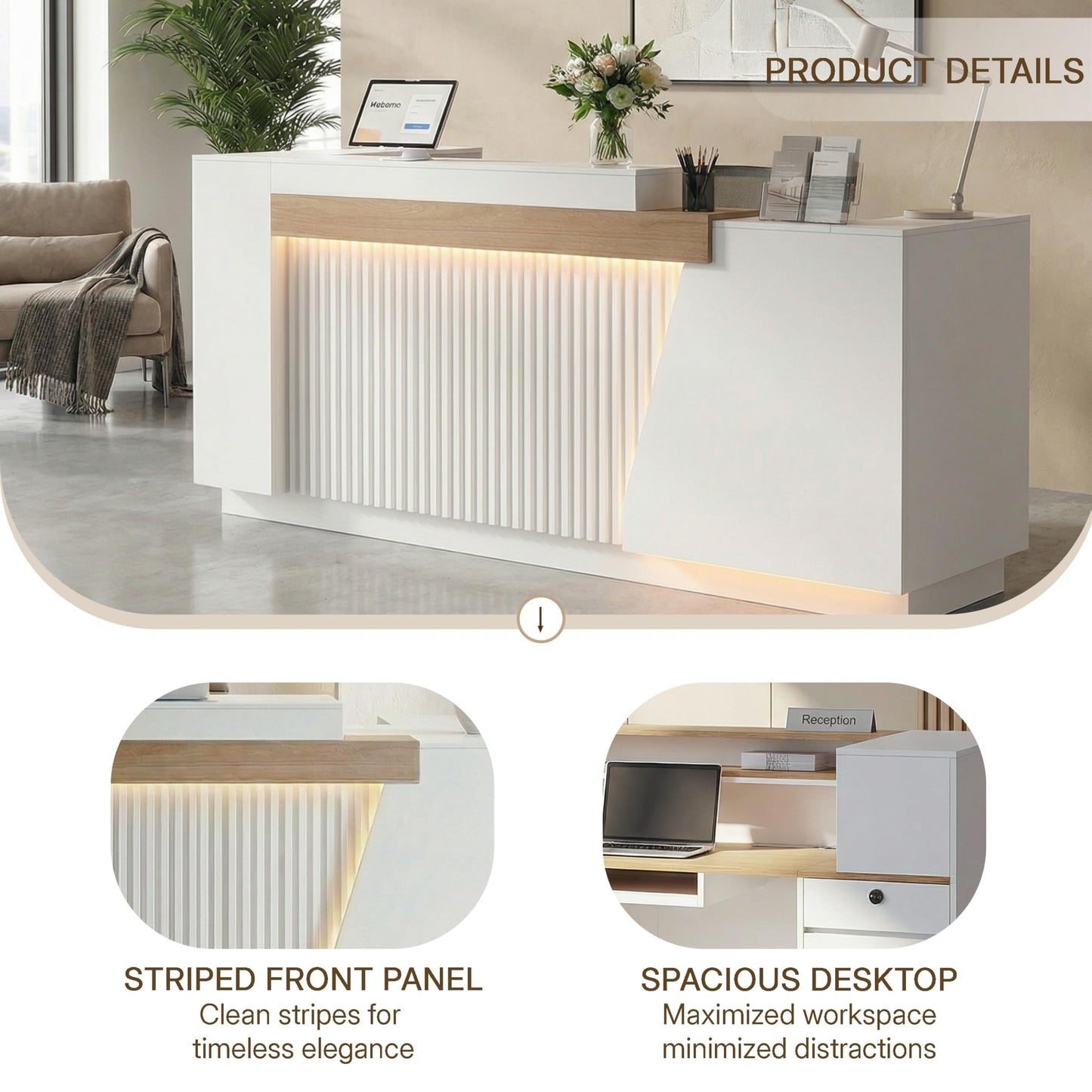 NOWIHOP Modern Reception Desk with LED Lights & Counter, 63" Front Desk with Built-in Outlets, White Checkout Counter with Lockable Drawers and Storage Shelves for Office, Salon, Retail and Lobby
