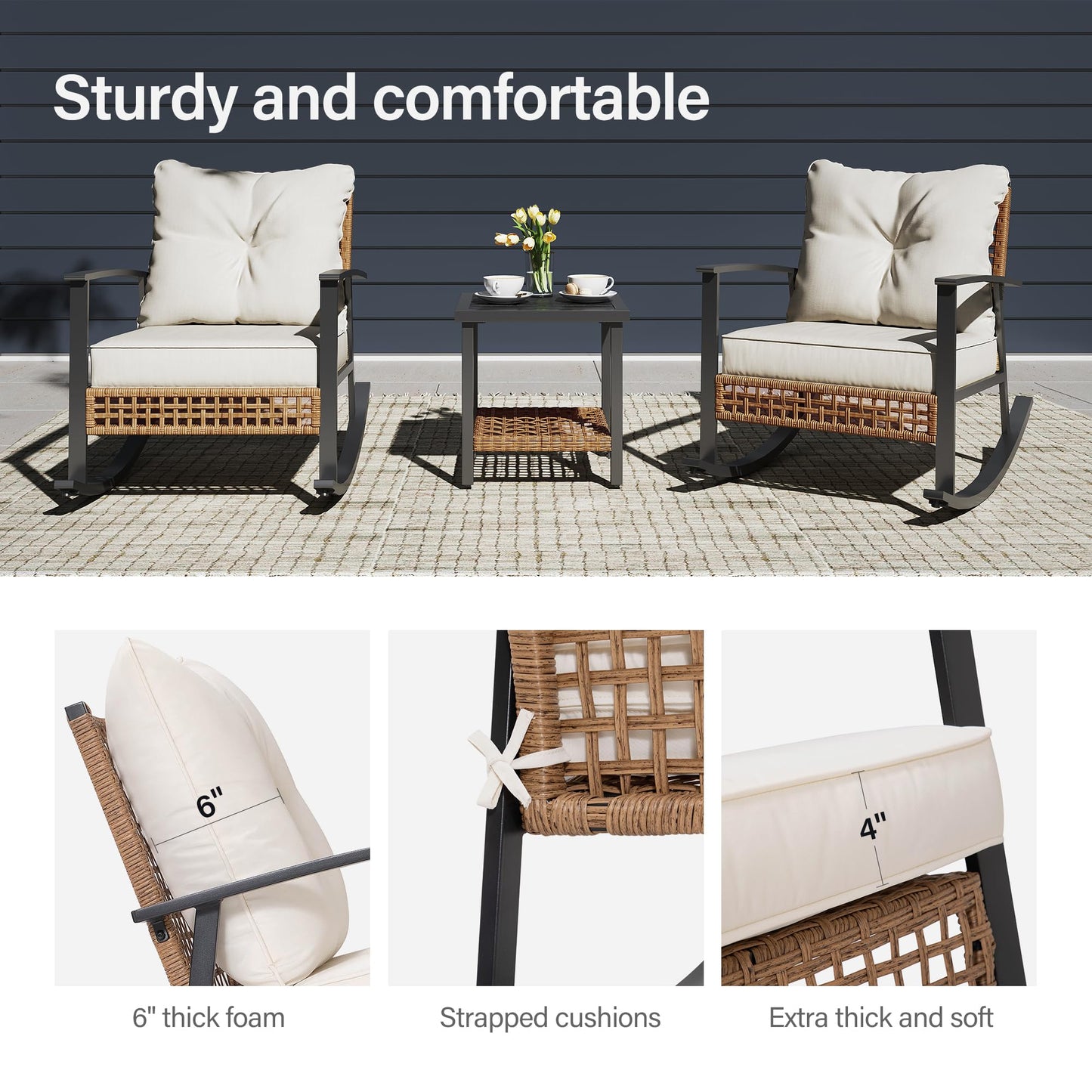 EO Living 3 Piece Rocking Patio Bistro Set, Outdoor Bistro Sets Wicker Patio Furniture Rocking Chairs Sectional Couch and 2-Tier Coffee Table for Garden, Balcony, Backyard (Beige)