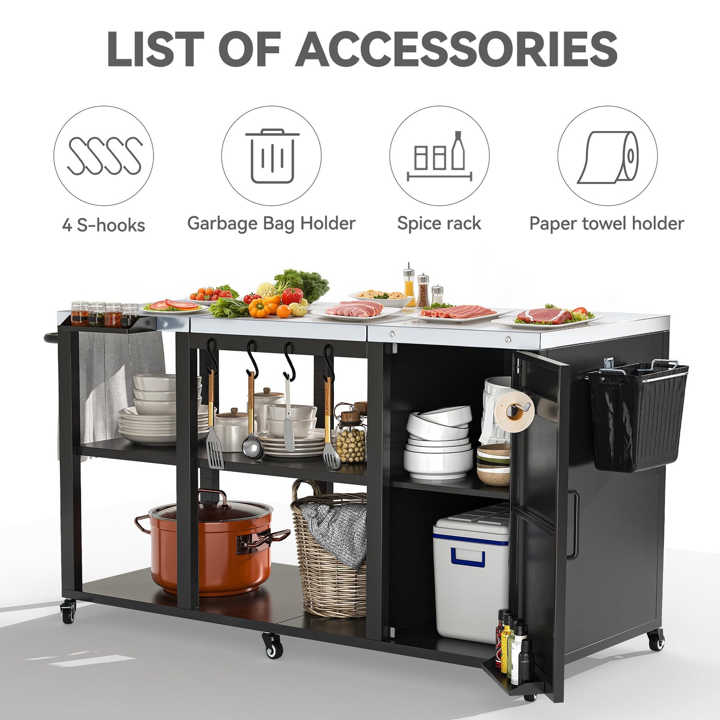 YITAHOME Big Green Egg Grill Table with Removable Stainless Steel Tabletop, Outdoor Kitchen Island with Spice Rack, Paper Towel Holder, and Trash Bag Holder, BBQ Prep Table for Parties
