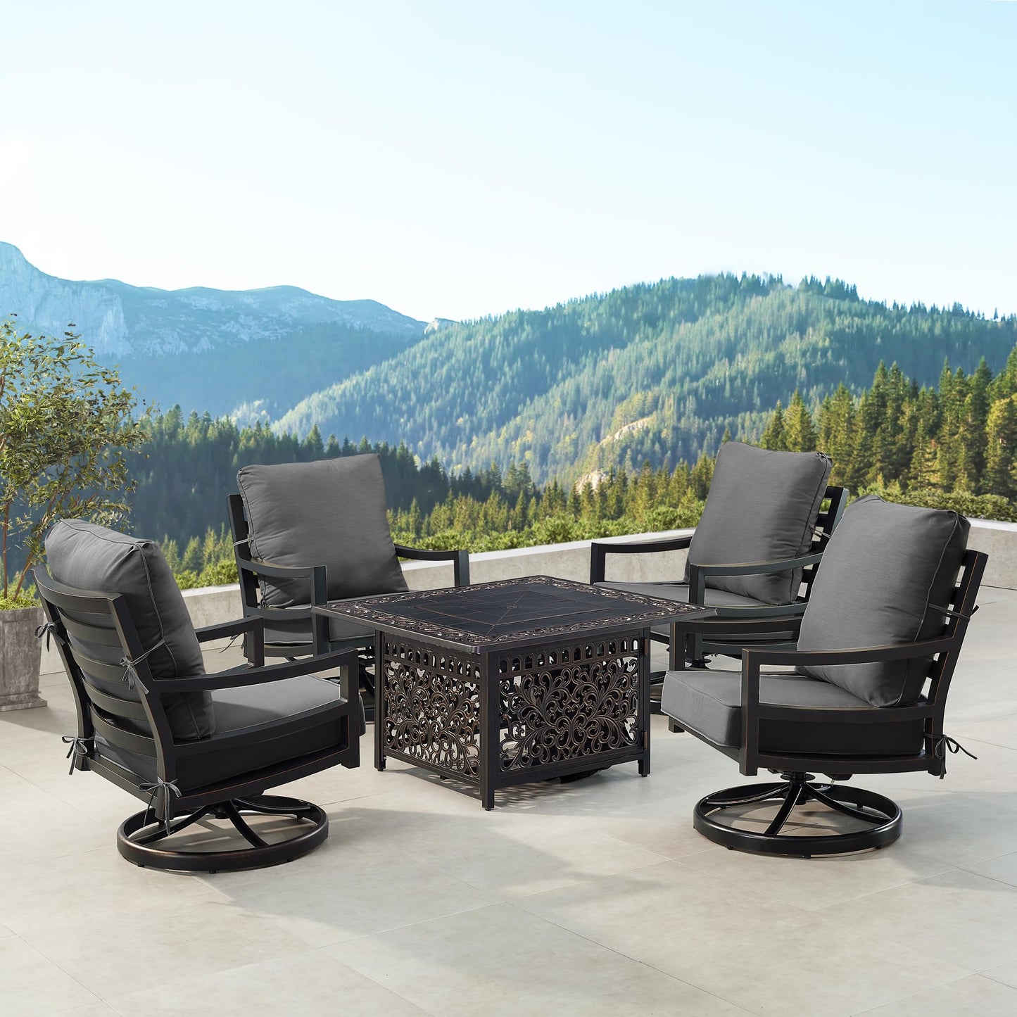 Oakland Living Black Aluminum Patio Fire Table Set with Four Club Chairs with Black Cushions