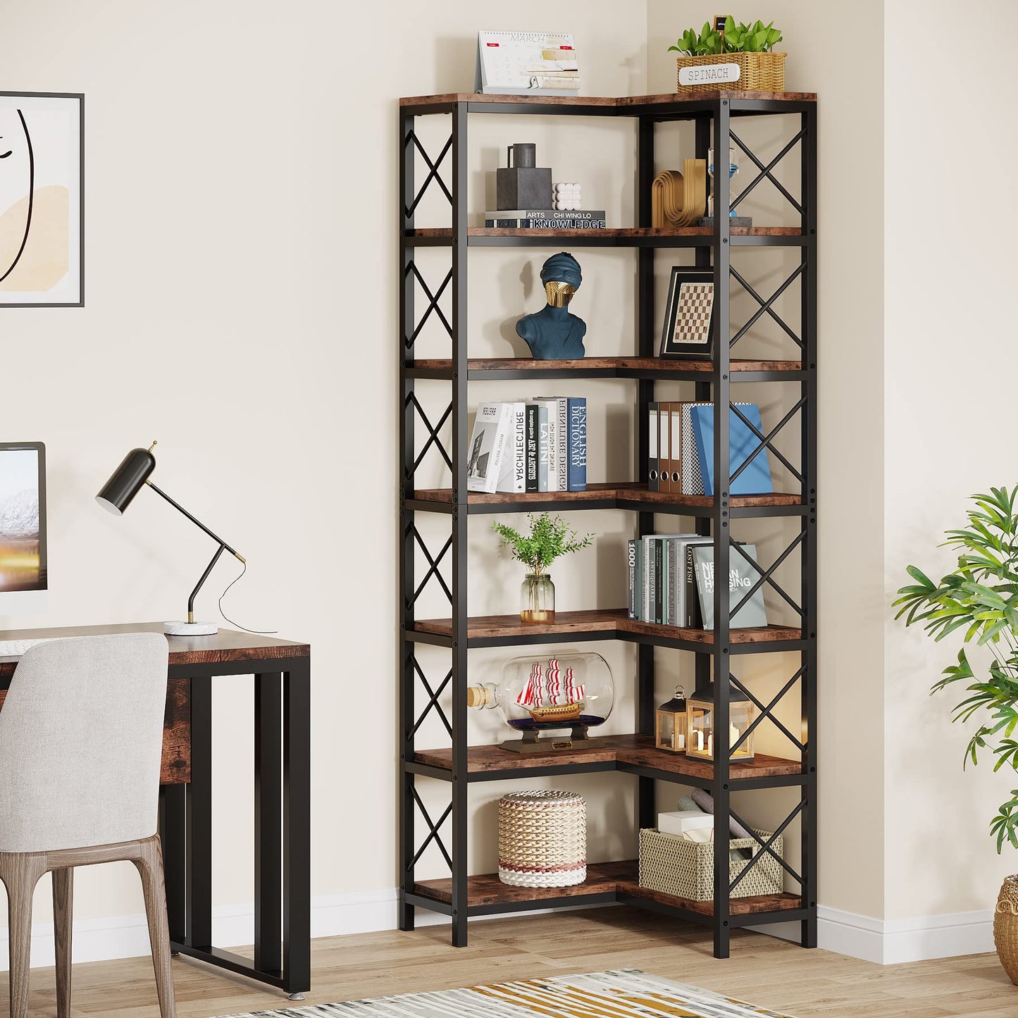 Tribesigns 7-Shelf Corner Bookshelf,Large Modern Corner Bookcase, 7-Tier Tall Corner Shelf Storage Display Rack with Metal Frame for Living Room Home Office (Rustic Brown)