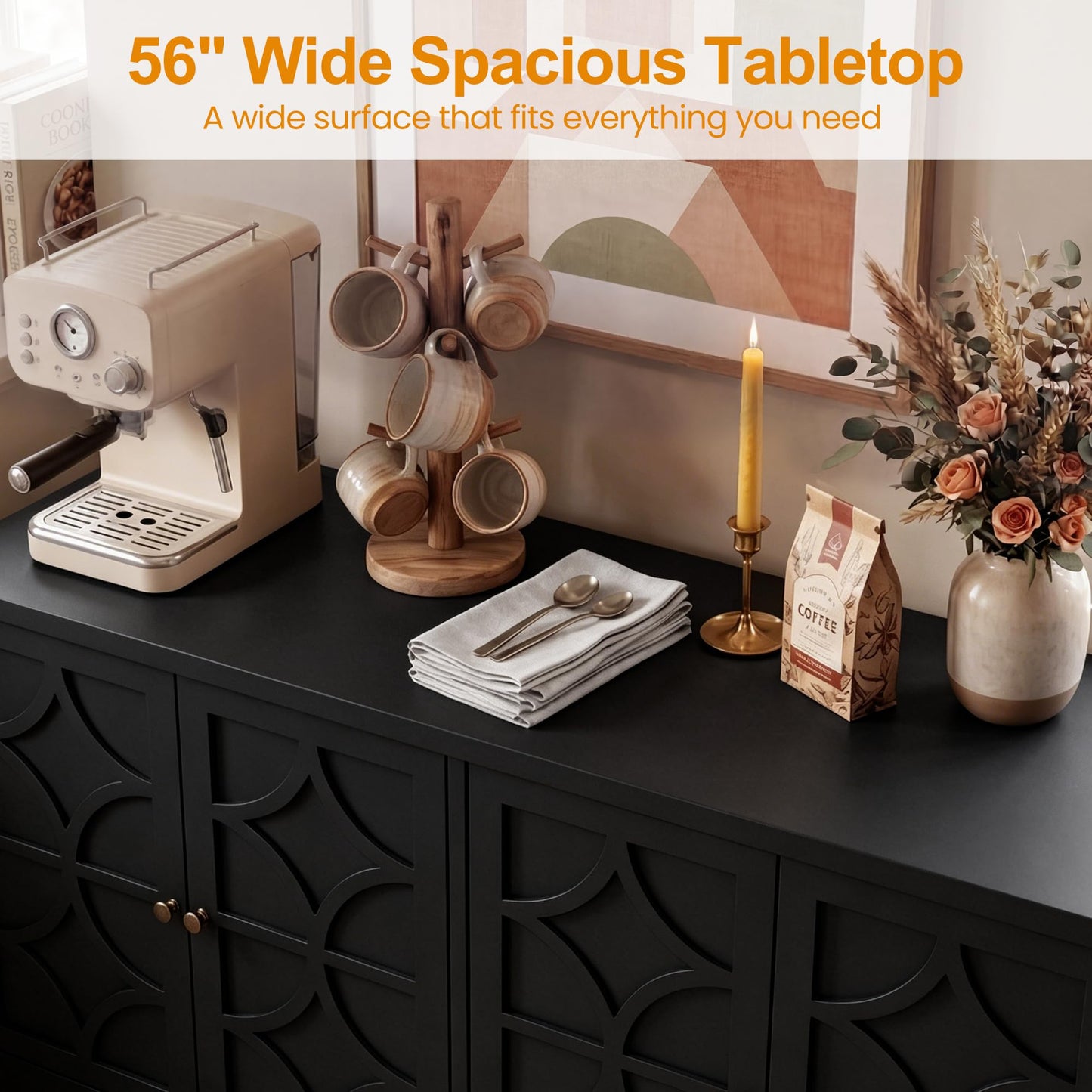RoyalCraft Sideboard Buffet Cabinet with Storage, 56" Modern Sideboard with 4 Carved Doors, Large Wood Coffee Bar Console Table for Kitchen, Dining Room, Entryway, Living Room, Black