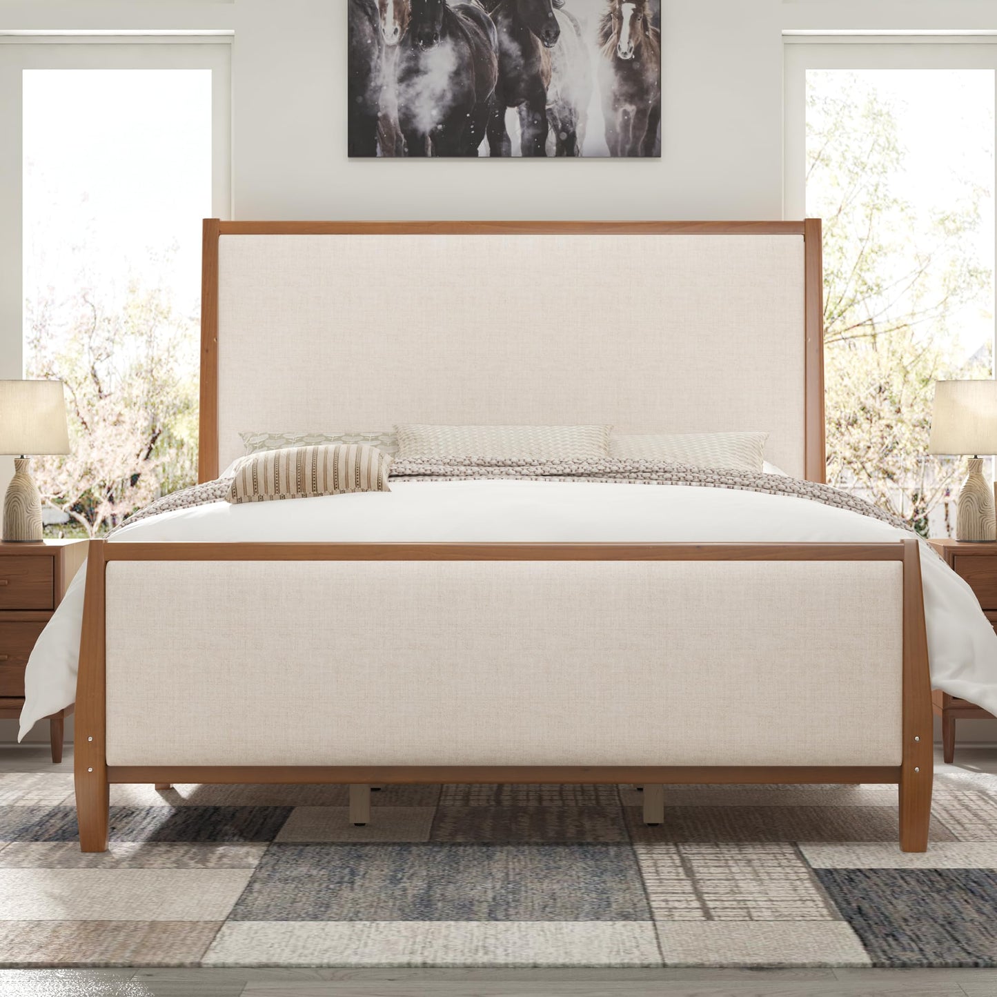 Jocisland 58" Tall Solid Wood King Size Bed Frame with Upholstered Headboard & Footboard, Wooden Platform Bedframe, No Box Spring Needed, Easy Assembly, Modern Farmhouse Style, Walnut
