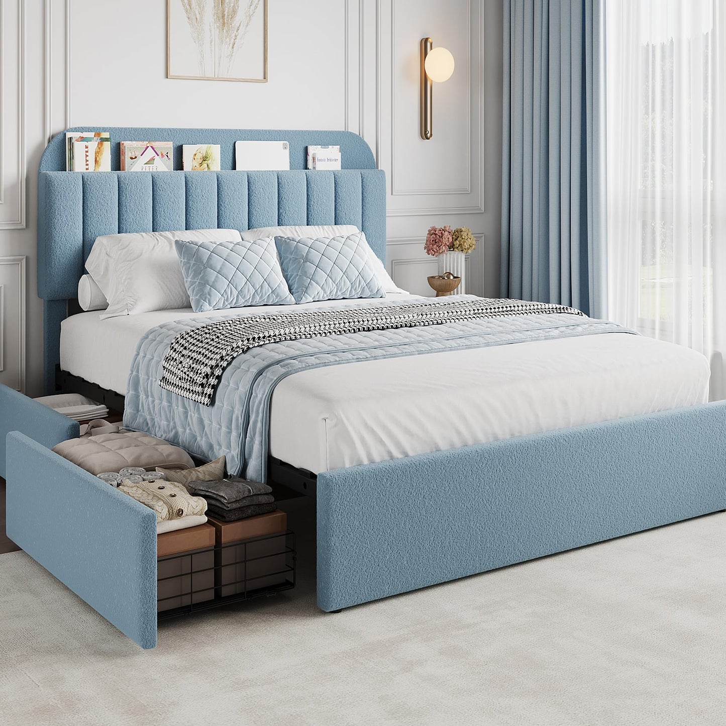 GAOMON Full Bed Frame with Storage Headboard, Boucle Kids Bed Frame with 2 Drawers, Upholstered Platform Bed Frame with Bookcase, No Box Spring Needed, Noise Free, Easy Assembly, Blue