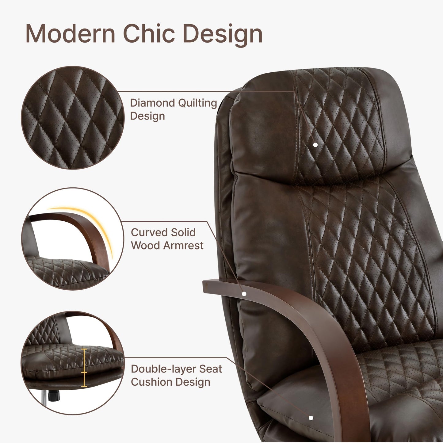 KISLOT Home Office Desk Chair, Ergonomic Office Chair with Lumbar Support, Adjustable Swivel Computer Chair with Wheels, Faux Leather Executive Task Chair with Wood Arms, Espresso