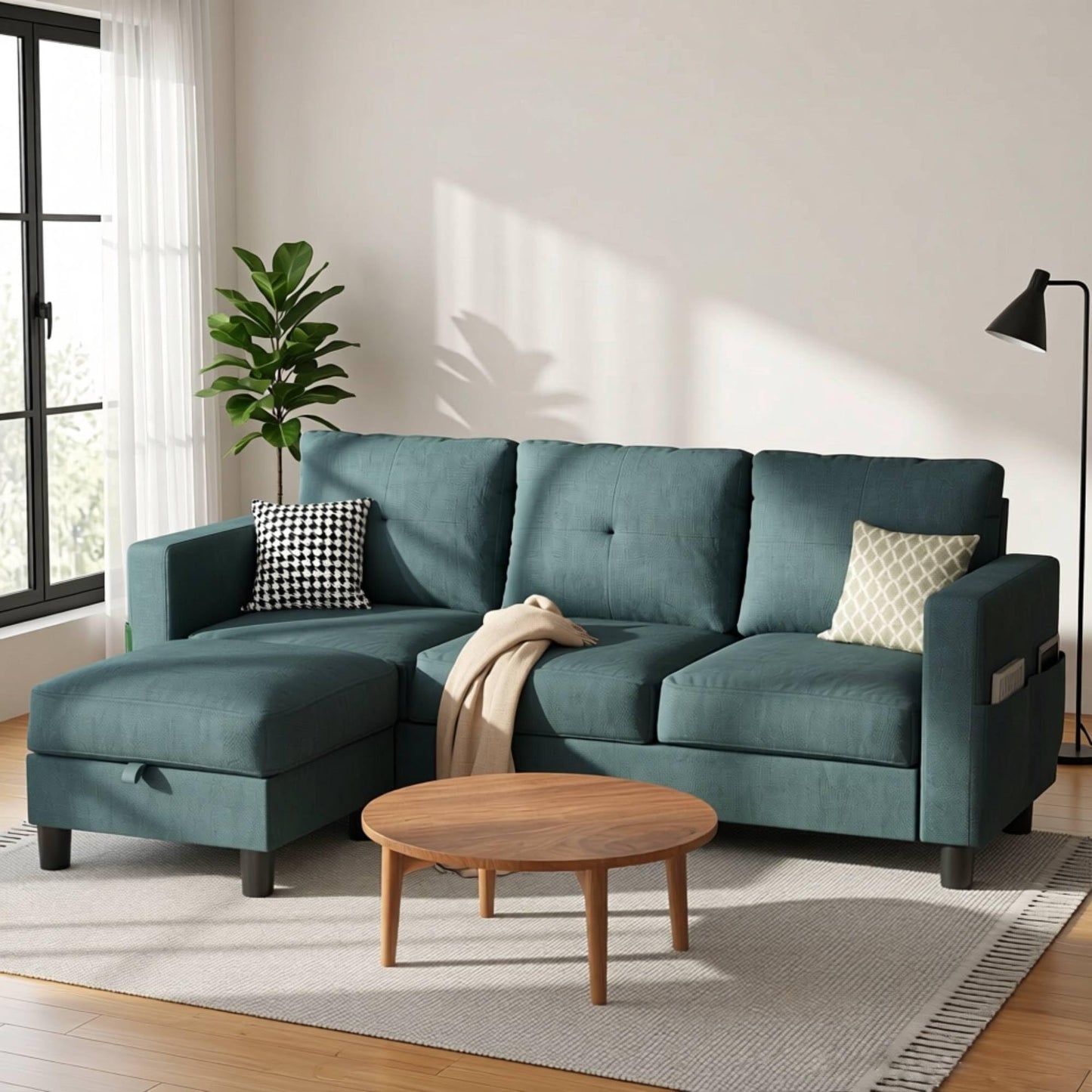 SUNLEI Convertible L-Shaped Sectional Couches for Living Room, Space-Saving 3-Seat Couch for Small Apartments & Living Rooms, Linen Fabric, Dark Grey