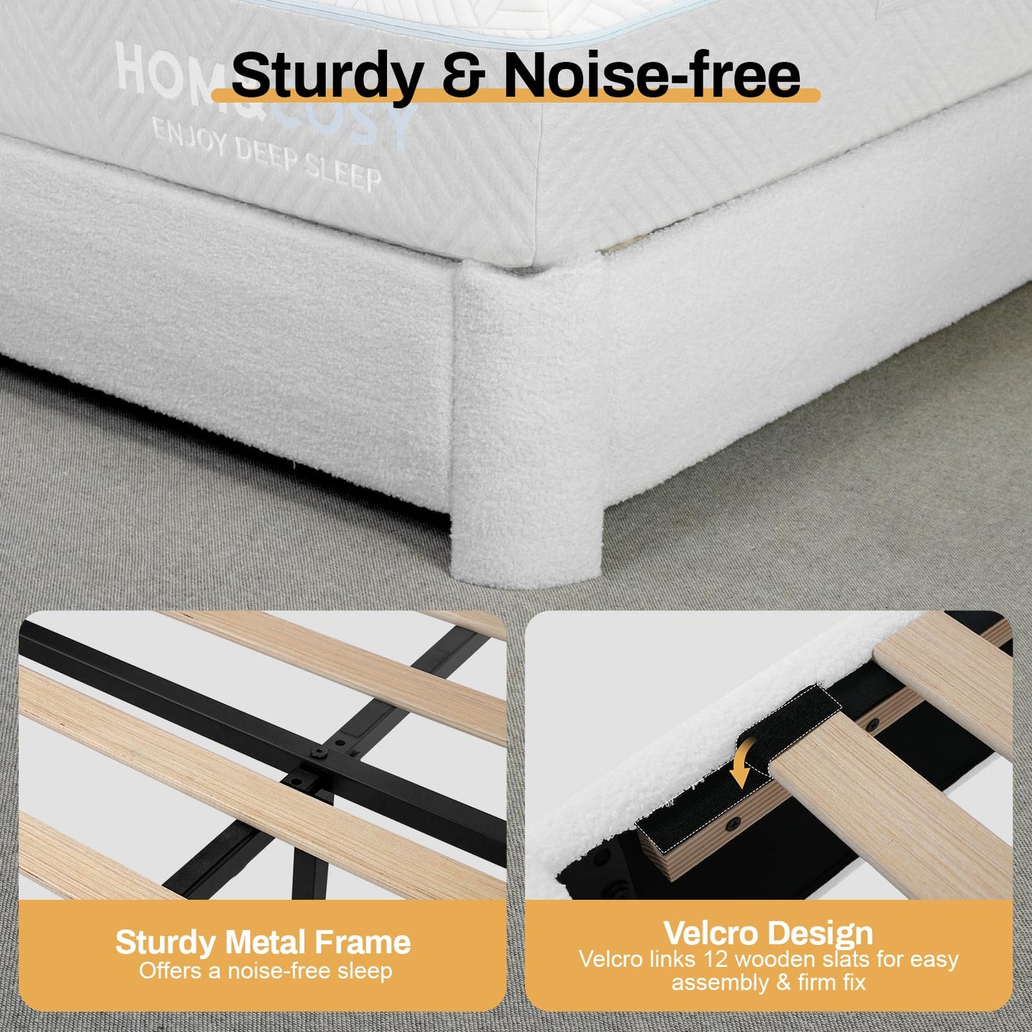 WEUP Queen Size Boucle Bed Frame, Upholstered Teddy Fabric Bed Frame with Headboard, Soft Rounded Corners, No Box Spring Required, Adjustable Headboard, Easy Assembly