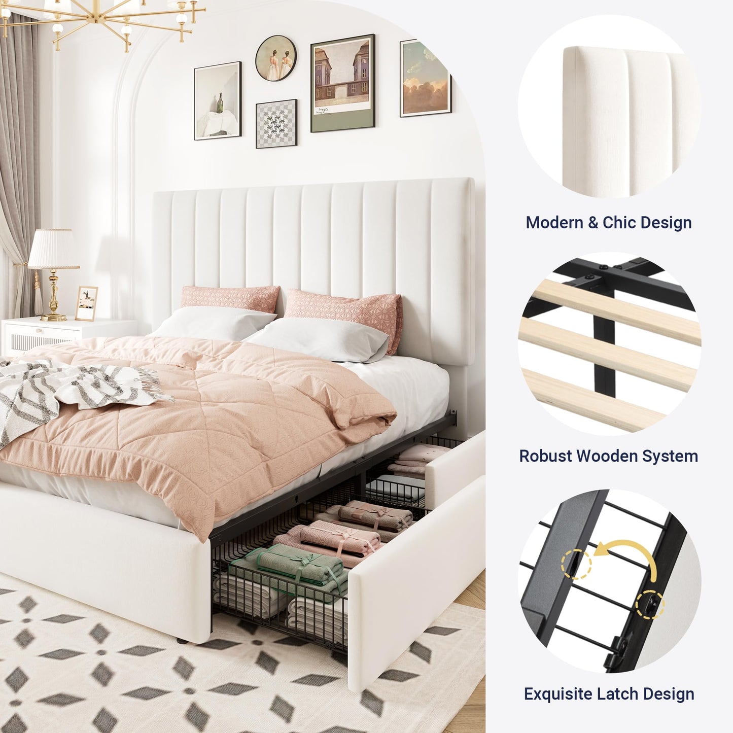 Allewie Queen Size Storage Bed Frame, Vertical Channel Tufted Adjustable Headboard, Velvet Upholstered Platform Bed with 4 Oversized Underbed Drawers, Wooden Slats Support, No Box Spring Needed, White