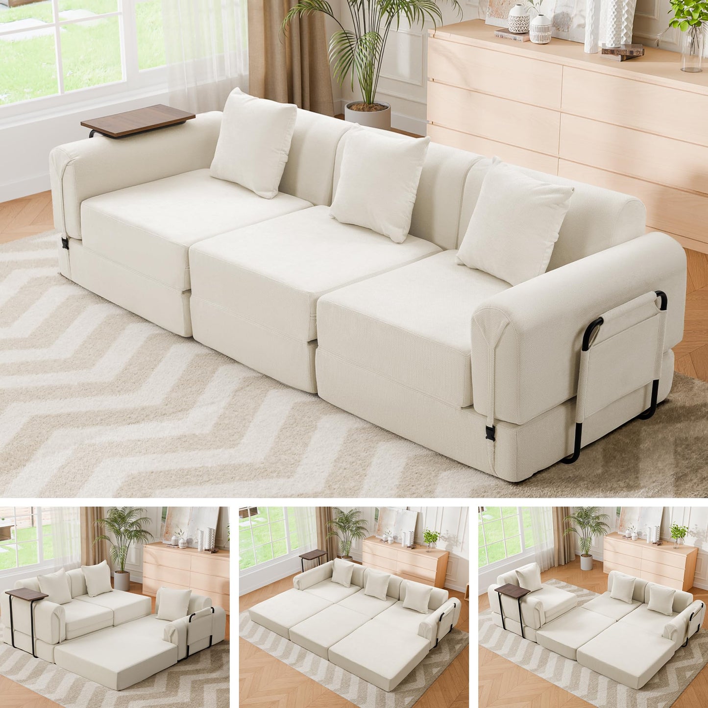 Topcomfy 99.2" Modular Sectional Sofa Bed, Convertible Futon Sleeper Couch with Movable Side Table, Tool-Free Assembly Floor Sofa with Metal Support Frame, Chenille Deep Seat for Living Room Beige