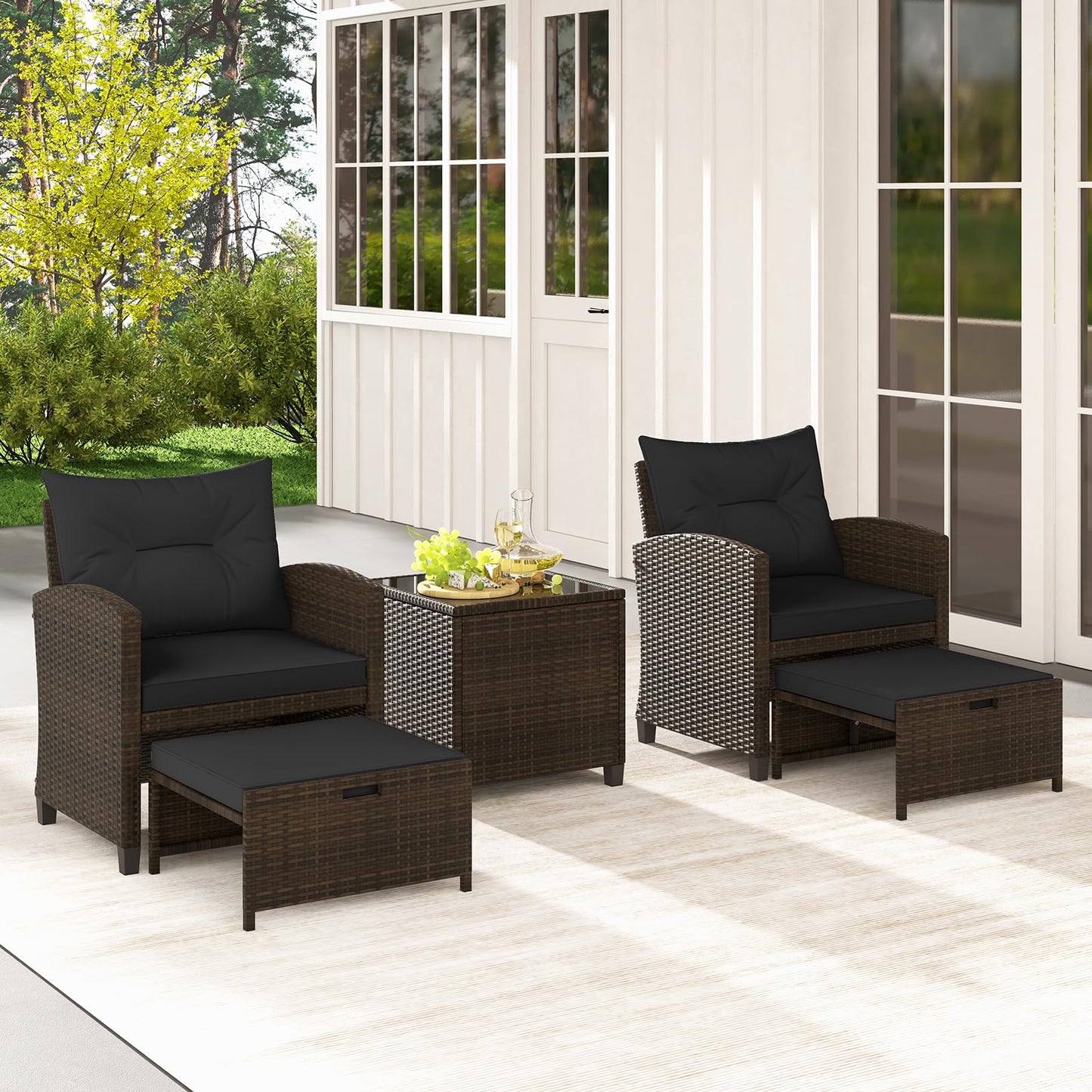 Tangkula 5 Pieces Patio Conversation Set, PE Wicker Rattan Outdoor Furniture Set with 2 Chairs, 2 Ottomans & Tempered Glass Coffee Table, Ideal for Poolside, Backyard, Lawn, Deck, Mix Brown & Black