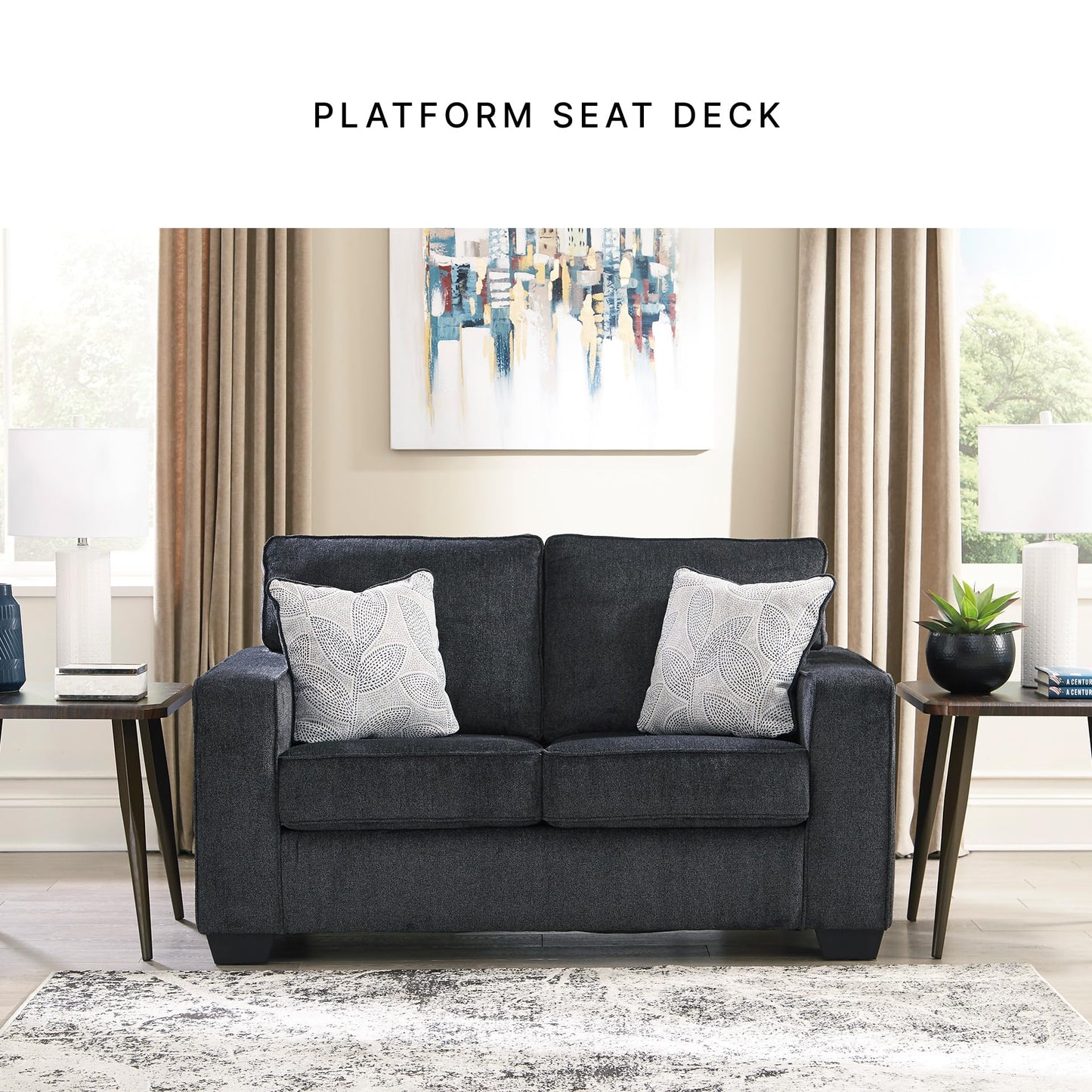 Signature Design by Ashley Altari Modern Loveseat with 2 Accent Pillows, Dark Gray