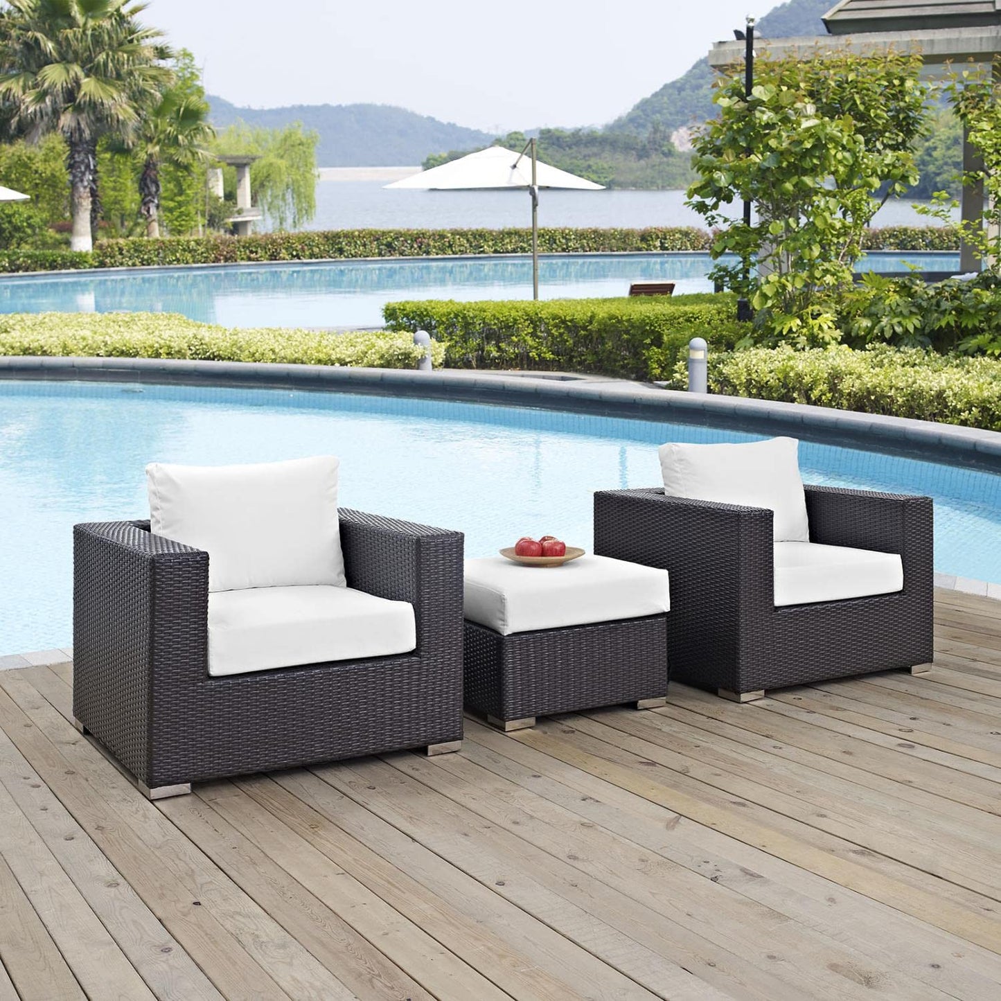 Modway Convene Wicker Rattan 3-Piece Outdoor Patio Furniture Set in Espresso White