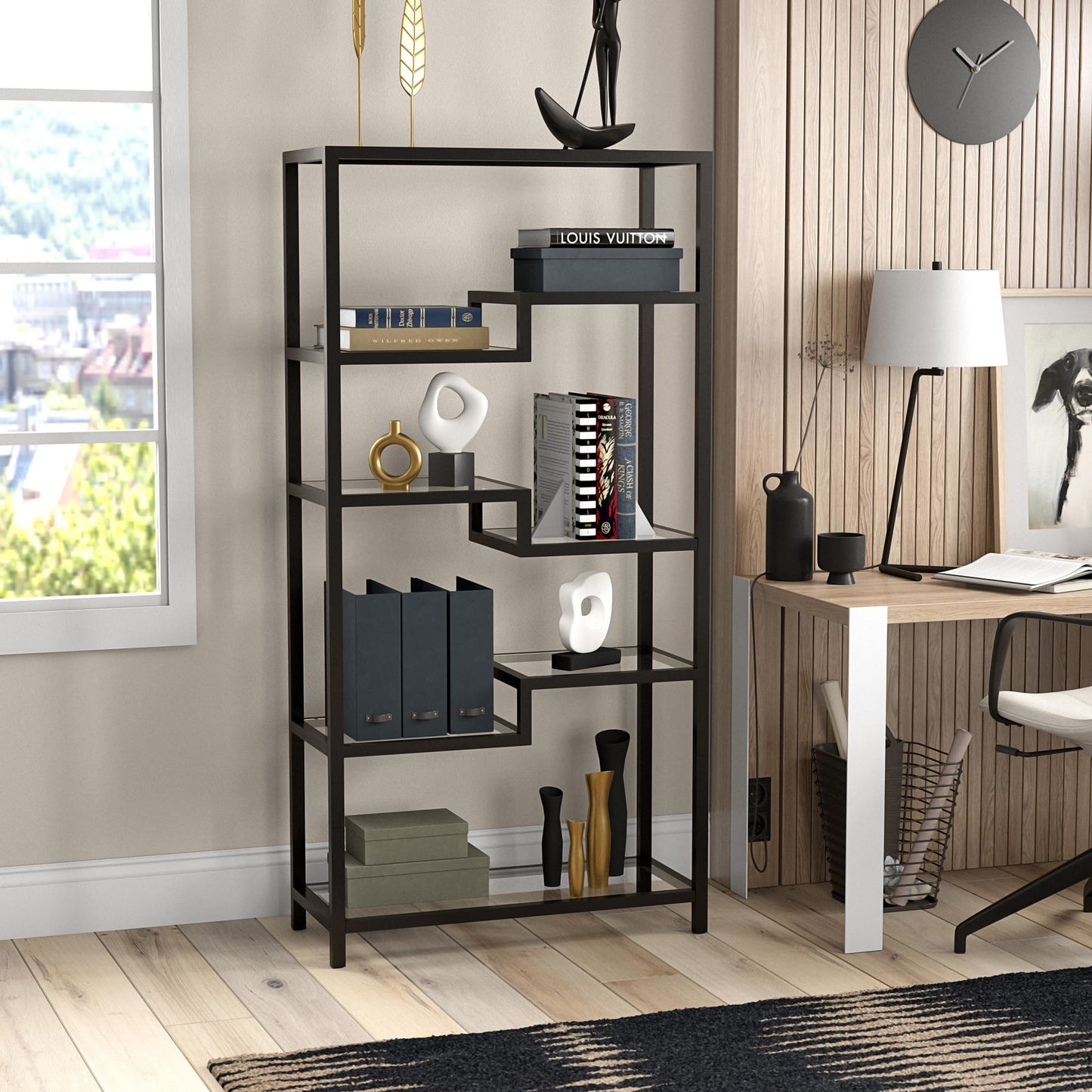 Henn&Hart 68" Tall Rectangular Bookcase in Blackened Bronze, for Home Office, Living Room
