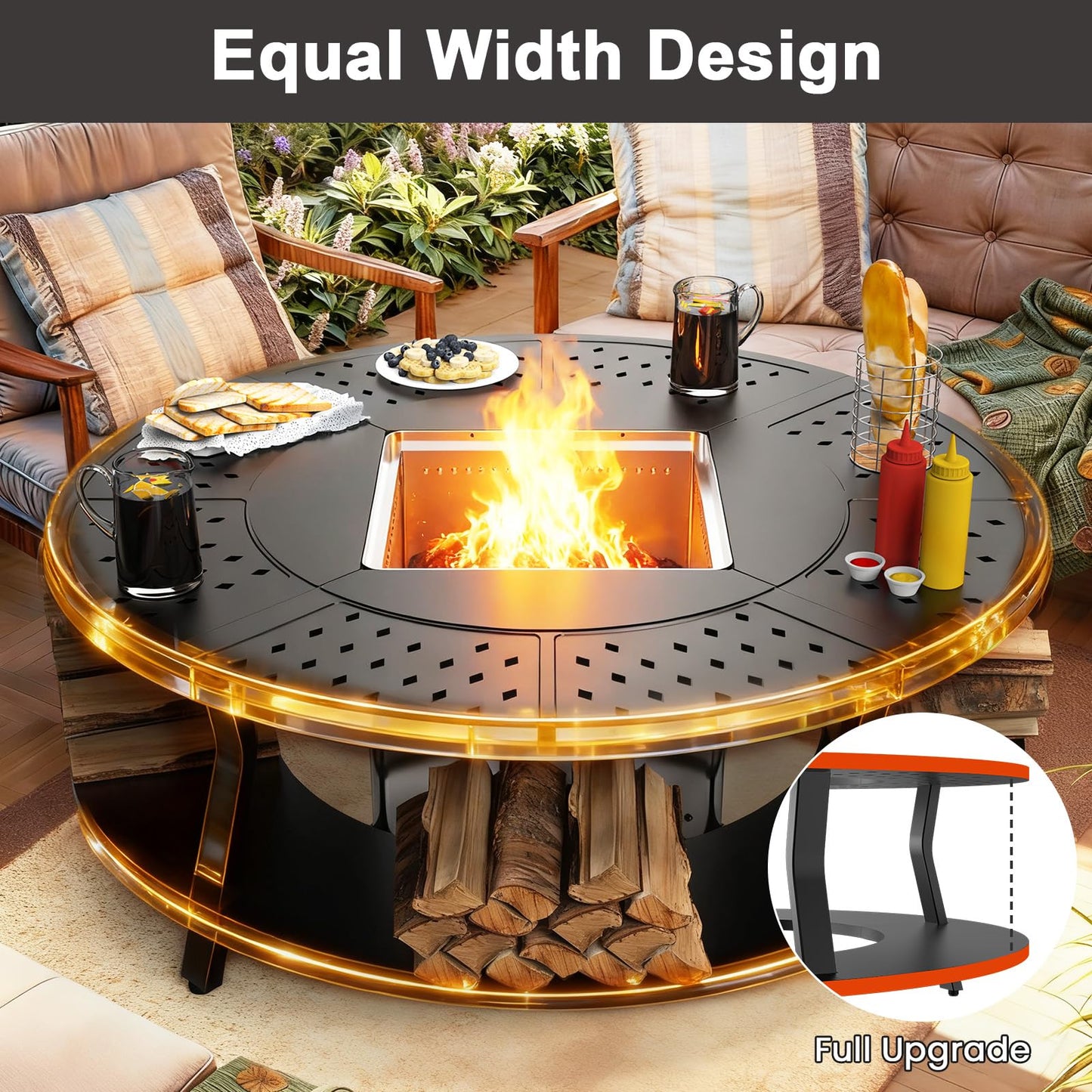 Uniflasy Smokeless Fire Pit and Fire Pit Surround Tabletop, Portable Protective Barrier Equal Width, Safety & Extra Space, 48" Outdoor Tabletop & 17" Smokeless Firepit for Backyard, Camping & Party