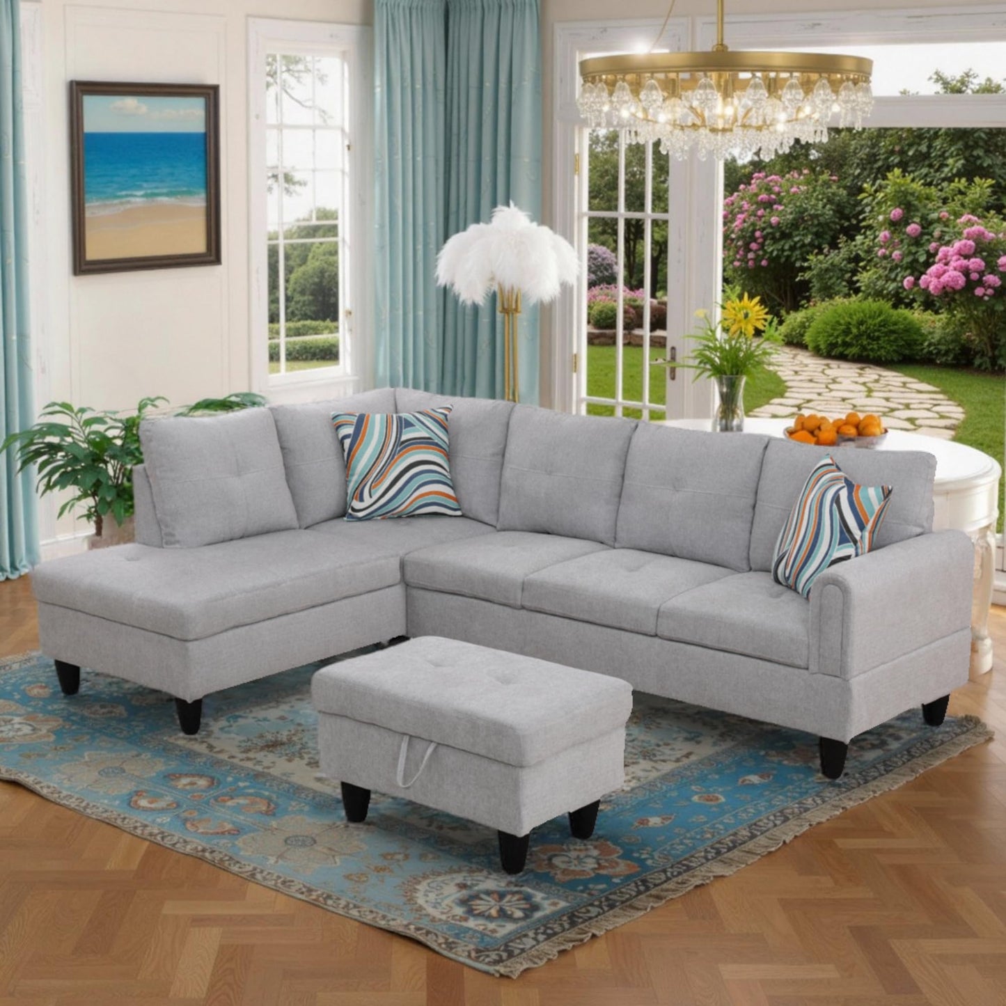 Trygoal 97" L Shaped Couch Sectional Couches with Chaise and Storage Ottoman, 3 Pieces Modular Convertible Sofa for Living Room Furniture Sets and Small Apartment, Grey